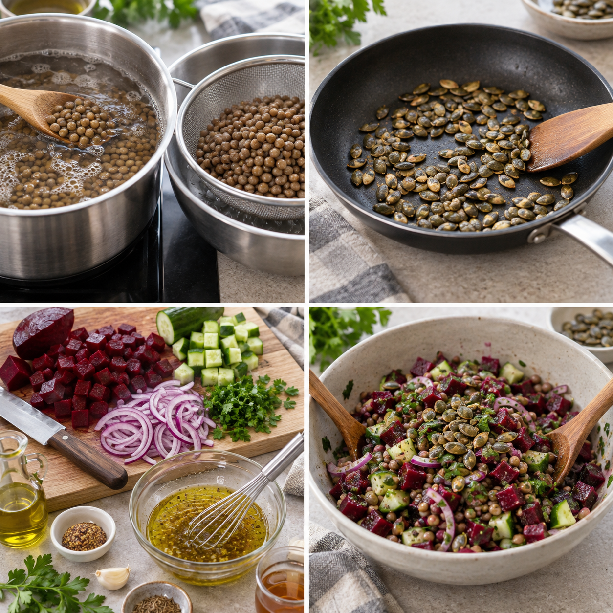 Zubereitung von Rote-Bete-Linsen-Salat in vier Schritten