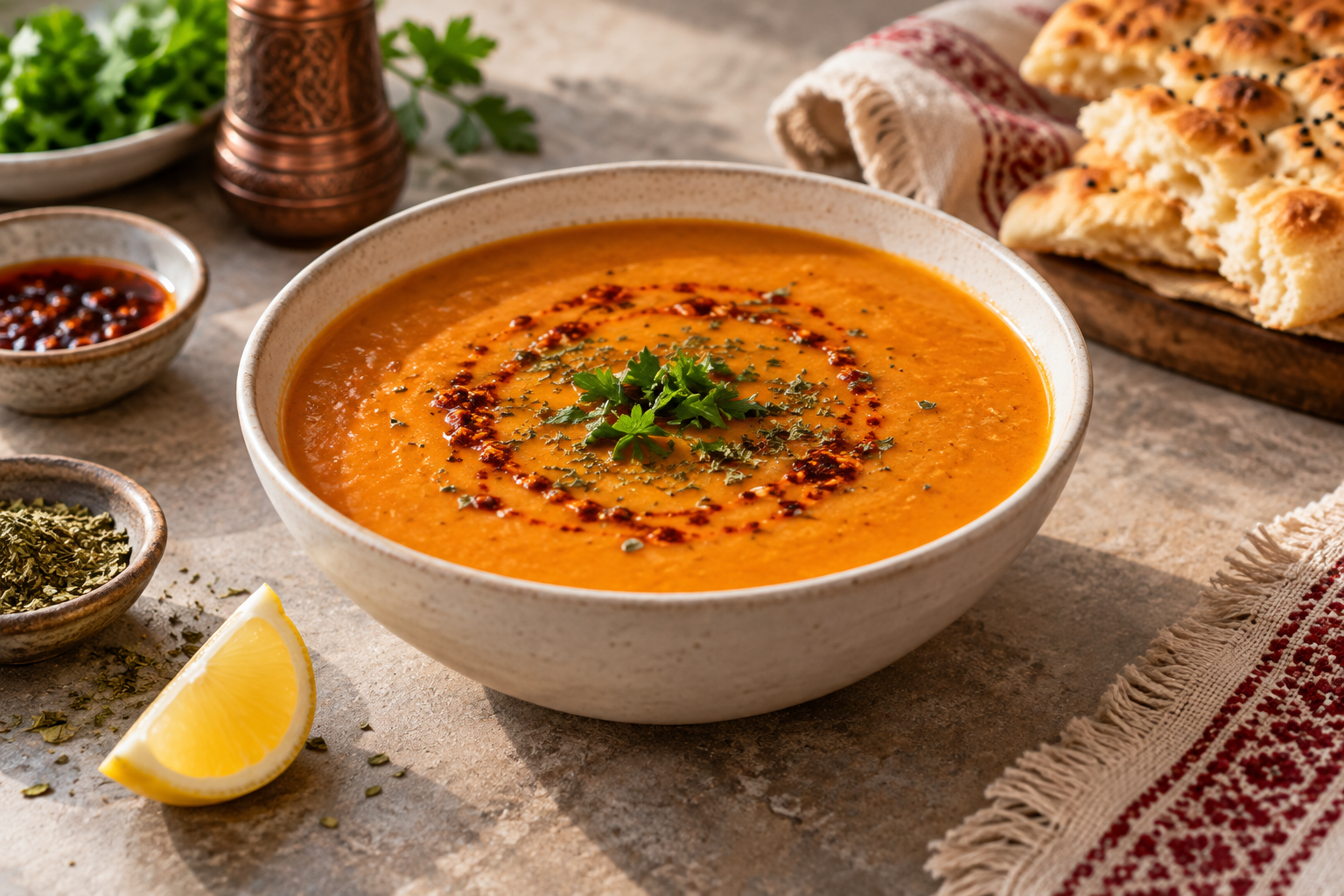 Cremige türkische Linsensuppe mit Zitrone und Minze