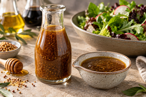 Cremiges Balsamico-Senf-Honig-Dressing im Glas