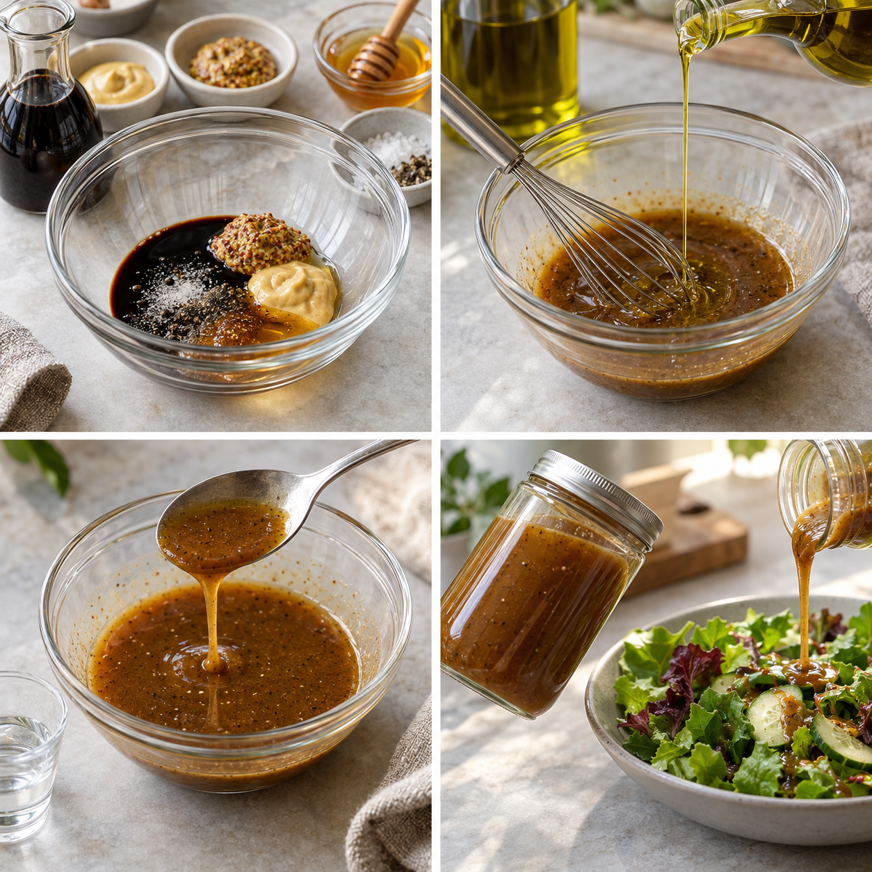 Zubereitung des Balsamico-Senf-Honig-Dressings in vier Schritten