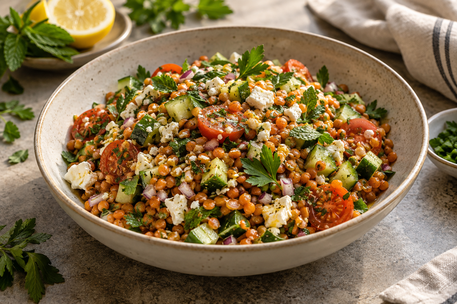 Orientalischer Rote-Linsen-Salat mit Feta, Gurke und Tomaten
