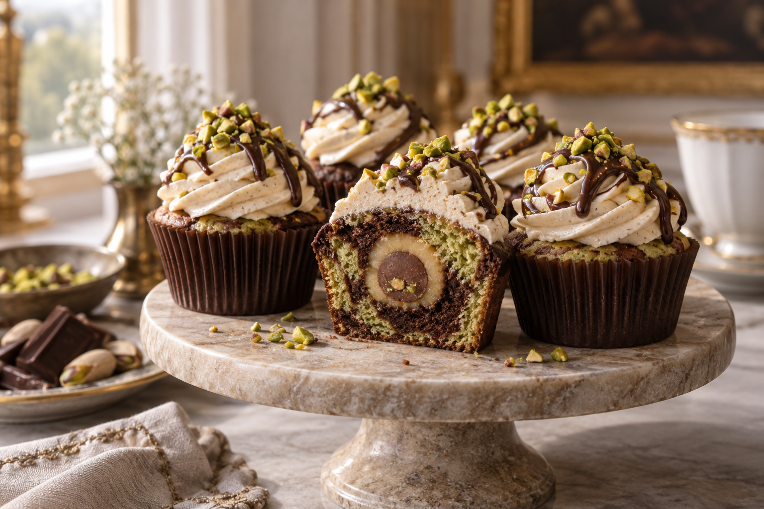 Mozartkugel Cupcakes mit Pistazien-Schoko-Marmor und Nougatcreme