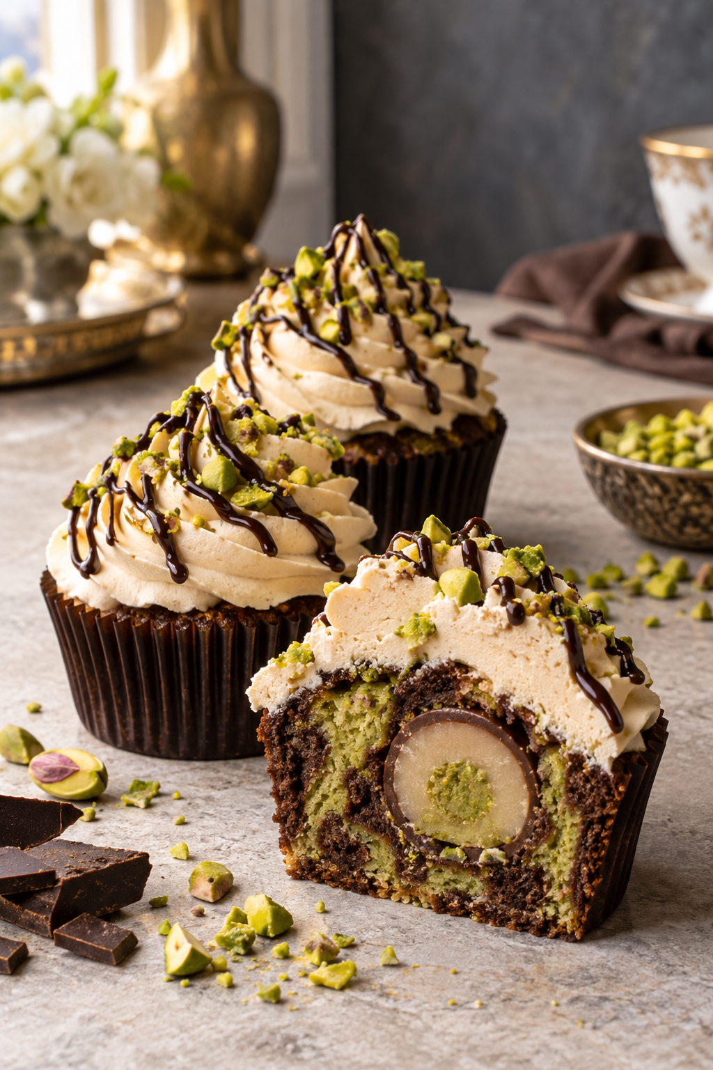 Mozartkugel Cupcakes mit Pistazien-Schoko-Marmor für Pinterest