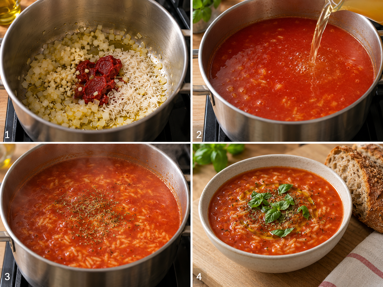 Zubereitungsschritte für Tomatensuppe mit Reis