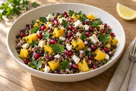 Linsensalat mit Feta, Mango und Granatapfelkernen in einer hellen Schale
