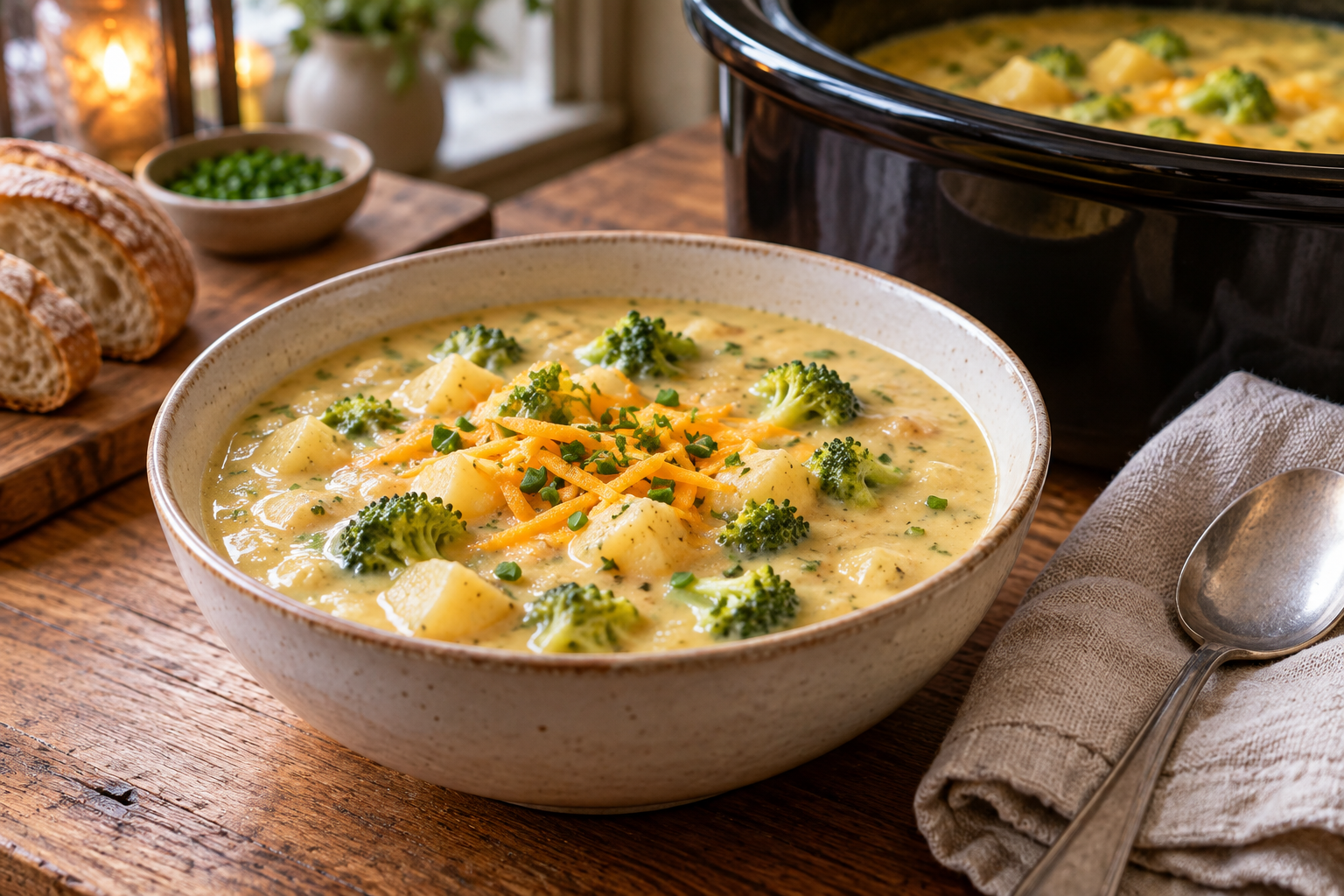 Cremige Crockpot Kartoffel-Brokkoli-Cheddar-Suppe in einer hellen Schale