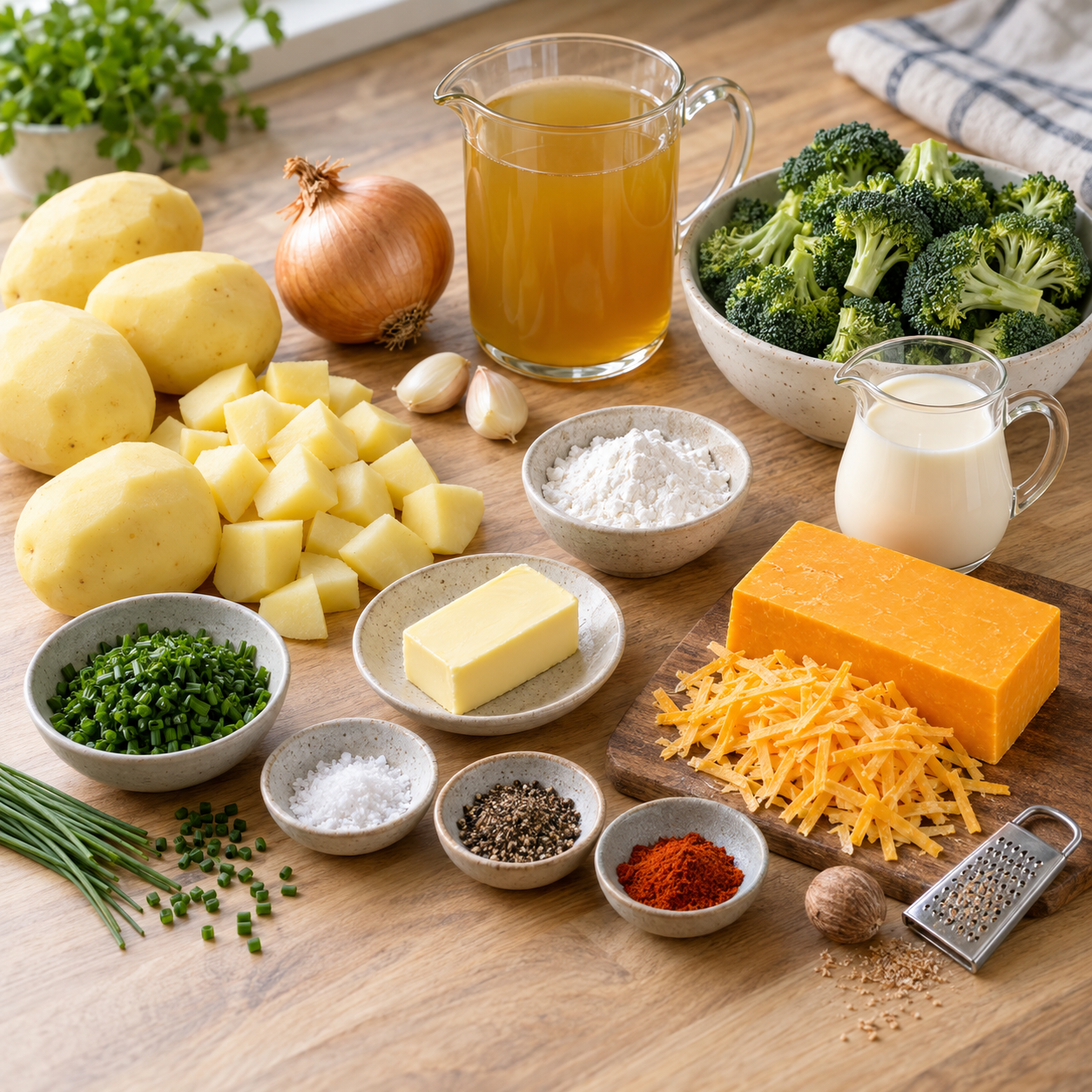 Zutaten für Kartoffel-Brokkoli-Cheddar-Suppe aus dem Crockpot