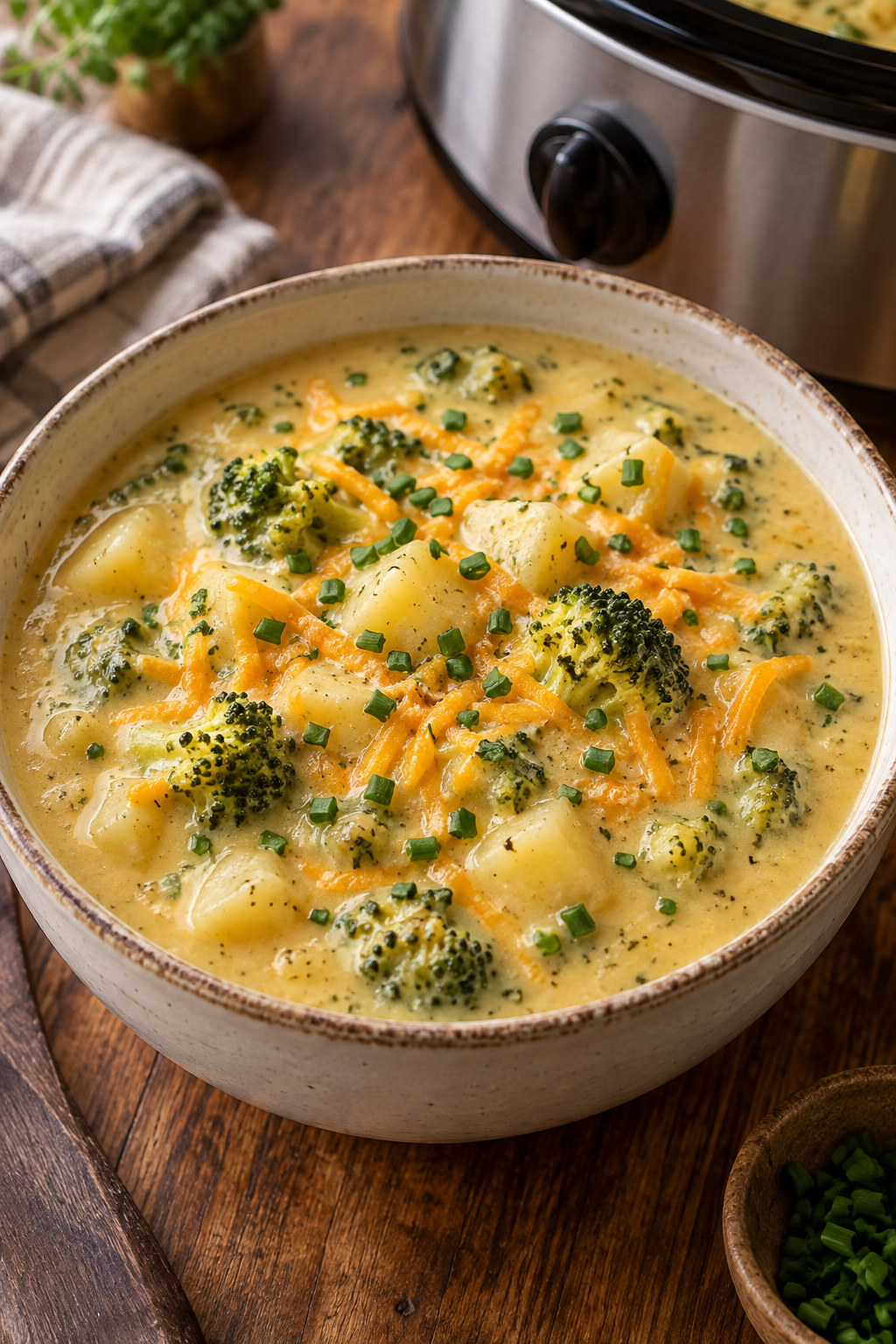 Crockpot Kartoffel-Brokkoli-Cheddar-Suppe mit Schnittlauch