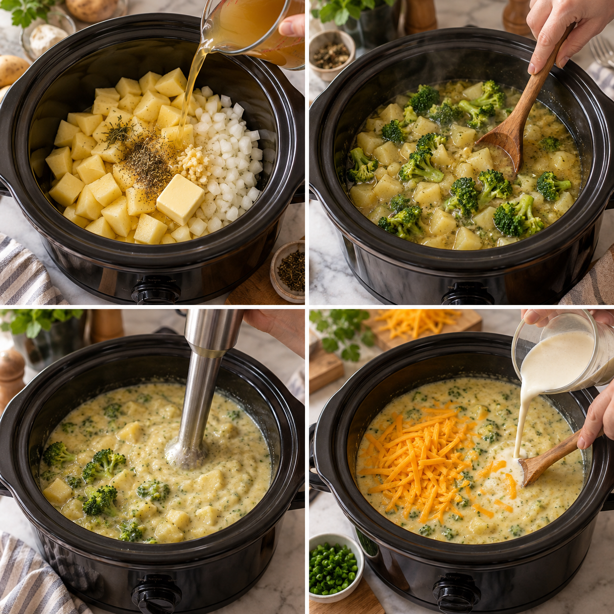 Vier Zubereitungsschritte für Crockpot Kartoffel-Brokkoli-Cheddar-Suppe