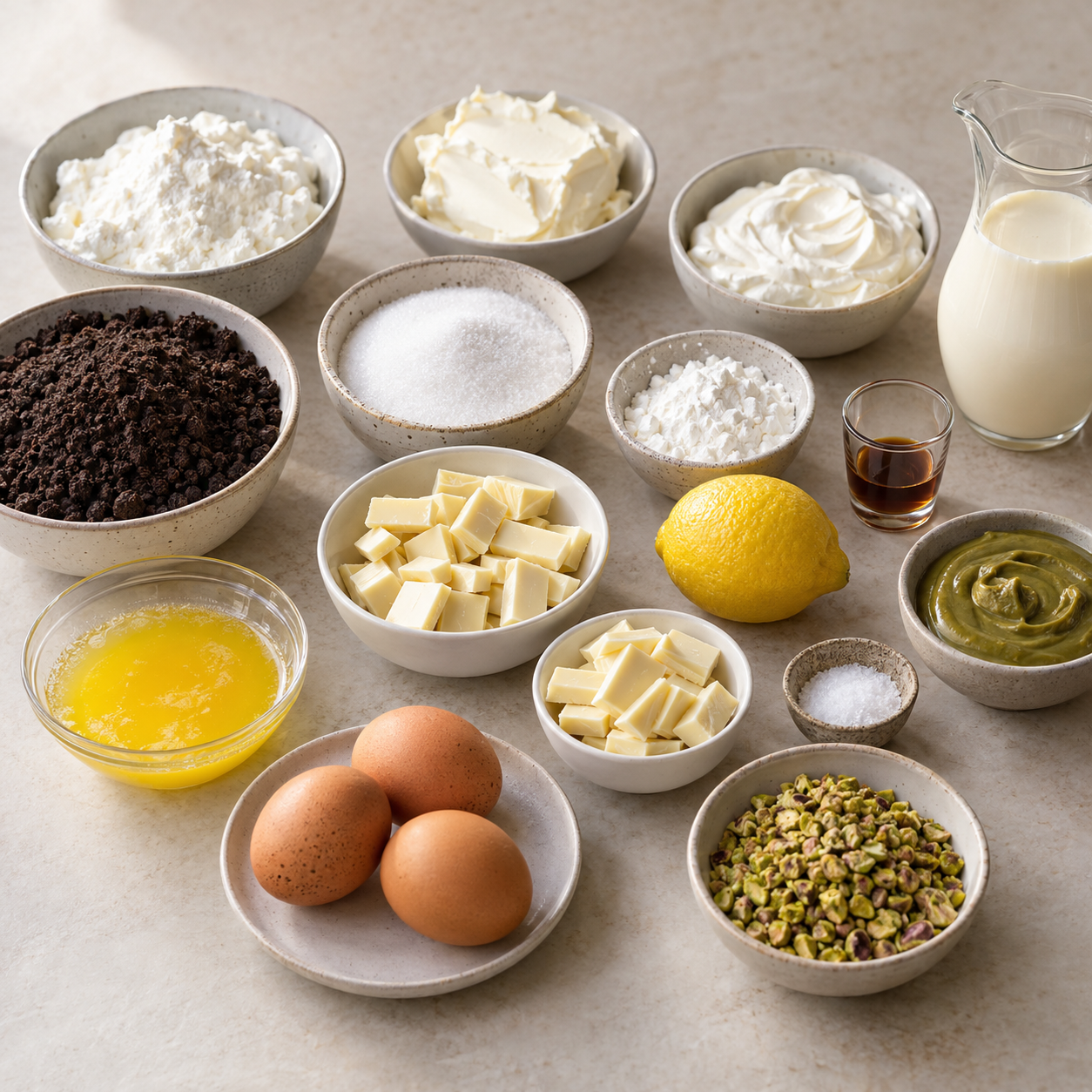 Zutaten für Pistazien-Käsekuchen mit weißer Schokolade
