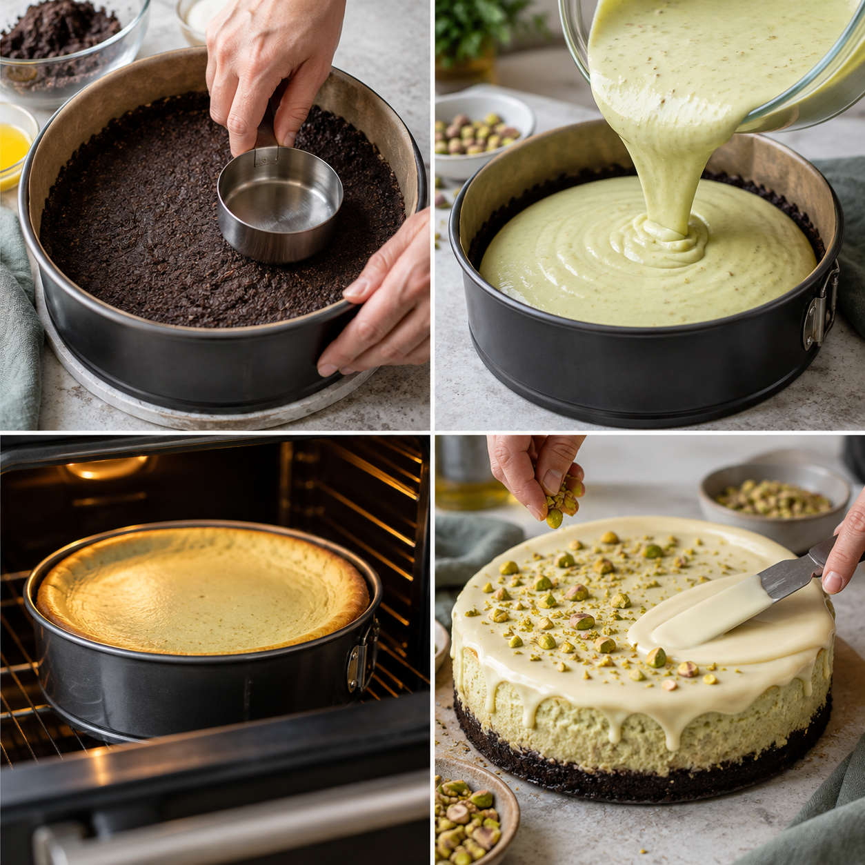 Vier Zubereitungsschritte für Pistazien-Käsekuchen
