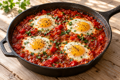 Eier in Tomatensauce mit Paprika und Petersilie in einer rustikalen Pfanne