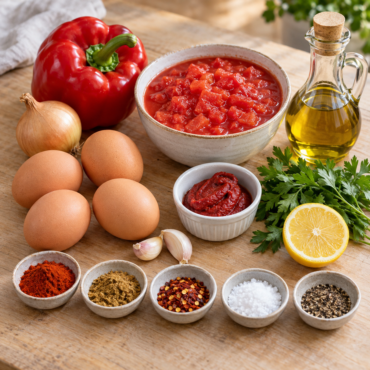 Zutaten für Eier in Tomatensauce mit Eiern, Tomaten, Paprika und Gewürzen