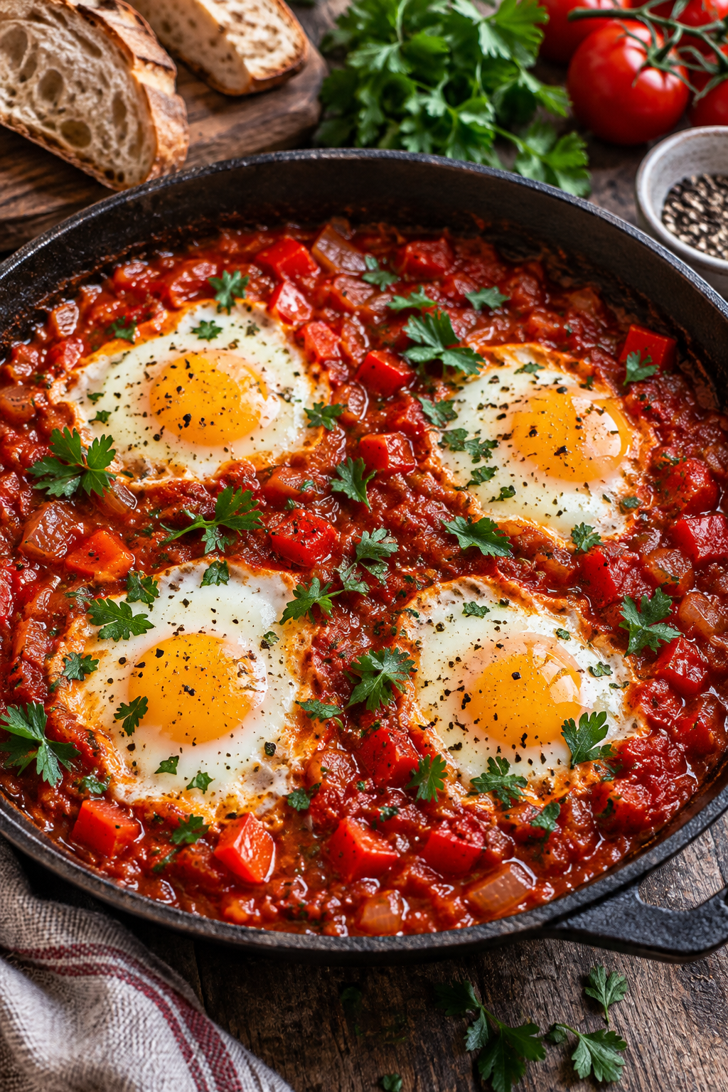 Eier in Tomatensauce mit Kräutern in einer Pfanne
