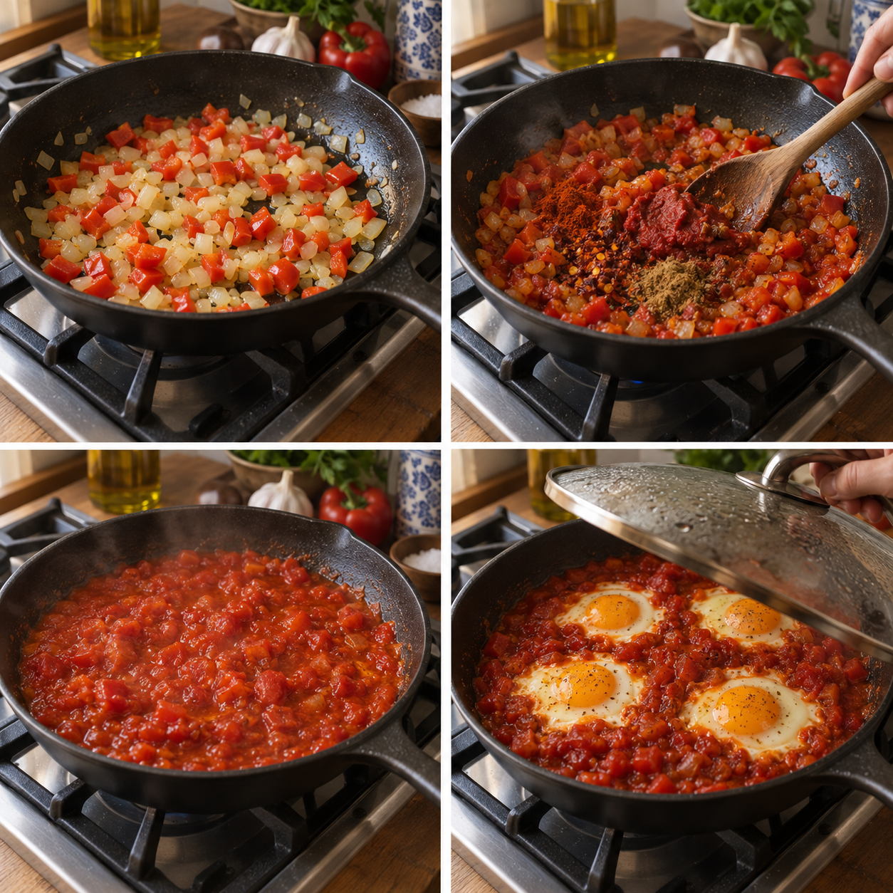 Vier Zubereitungsschritte für Eier in Tomatensauce