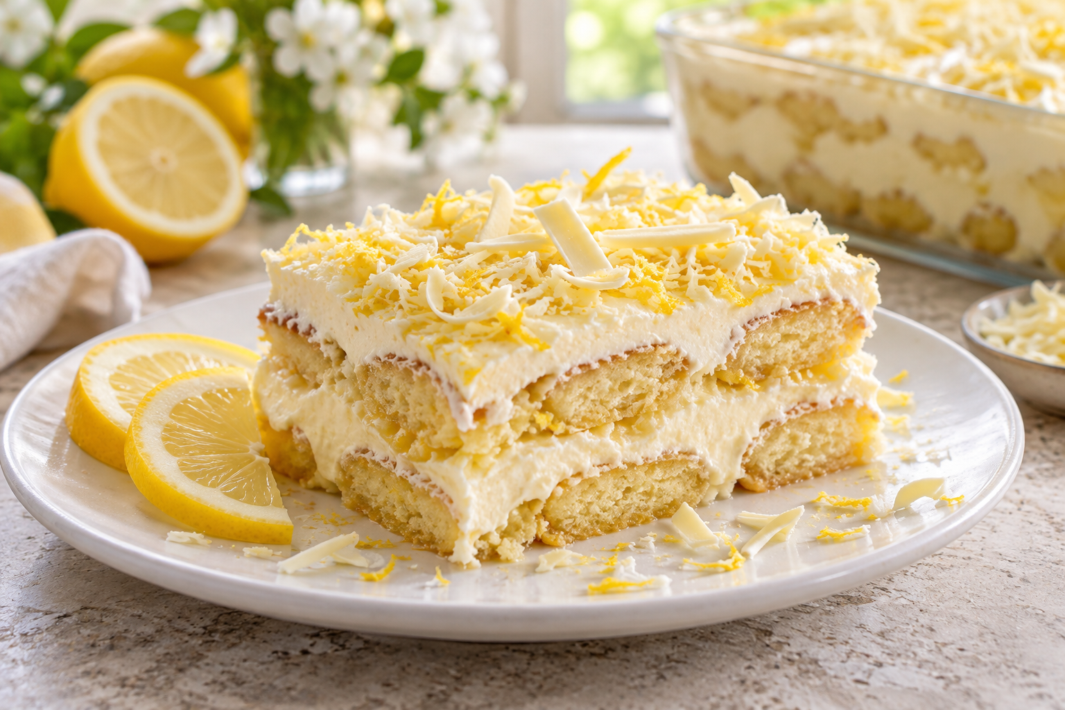Limoncello-Tiramisu mit Zitronenzeste und weißen Schokoladenraspeln