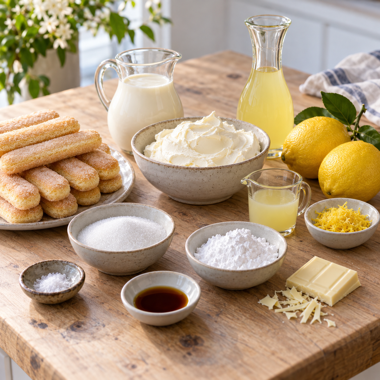 Zutaten für Limoncello-Tiramisu mit Mascarpone, Zitronen und Löffelbiskuits