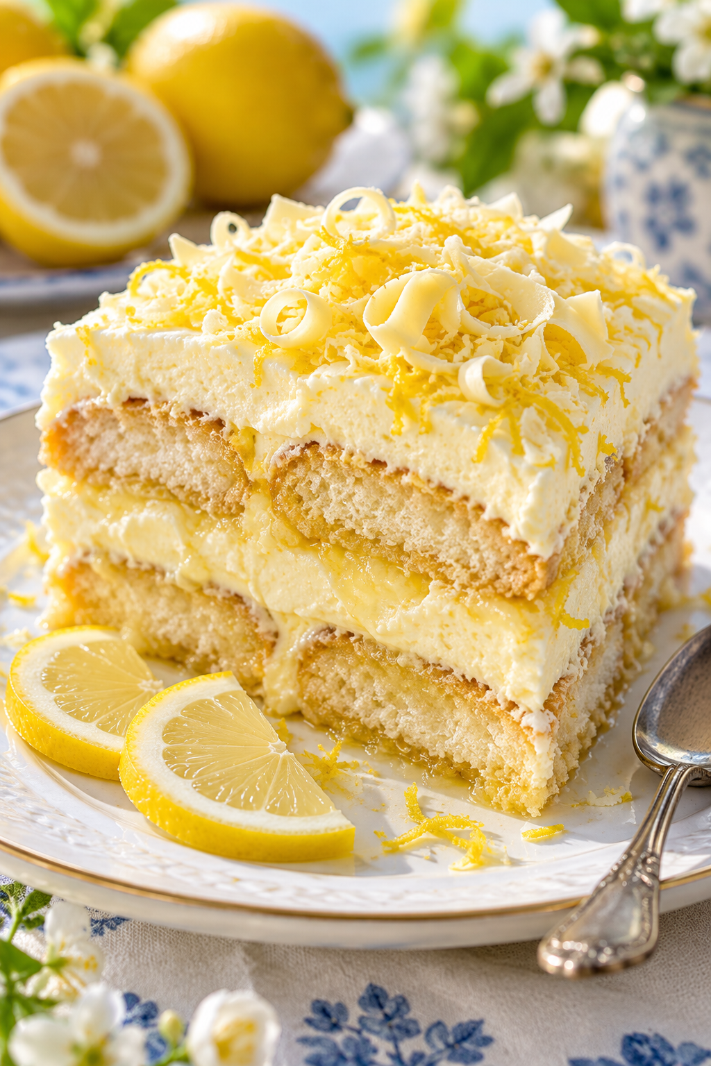 Cremiges Limoncello-Tiramisu mit Zitronenzeste auf einem weißen Teller