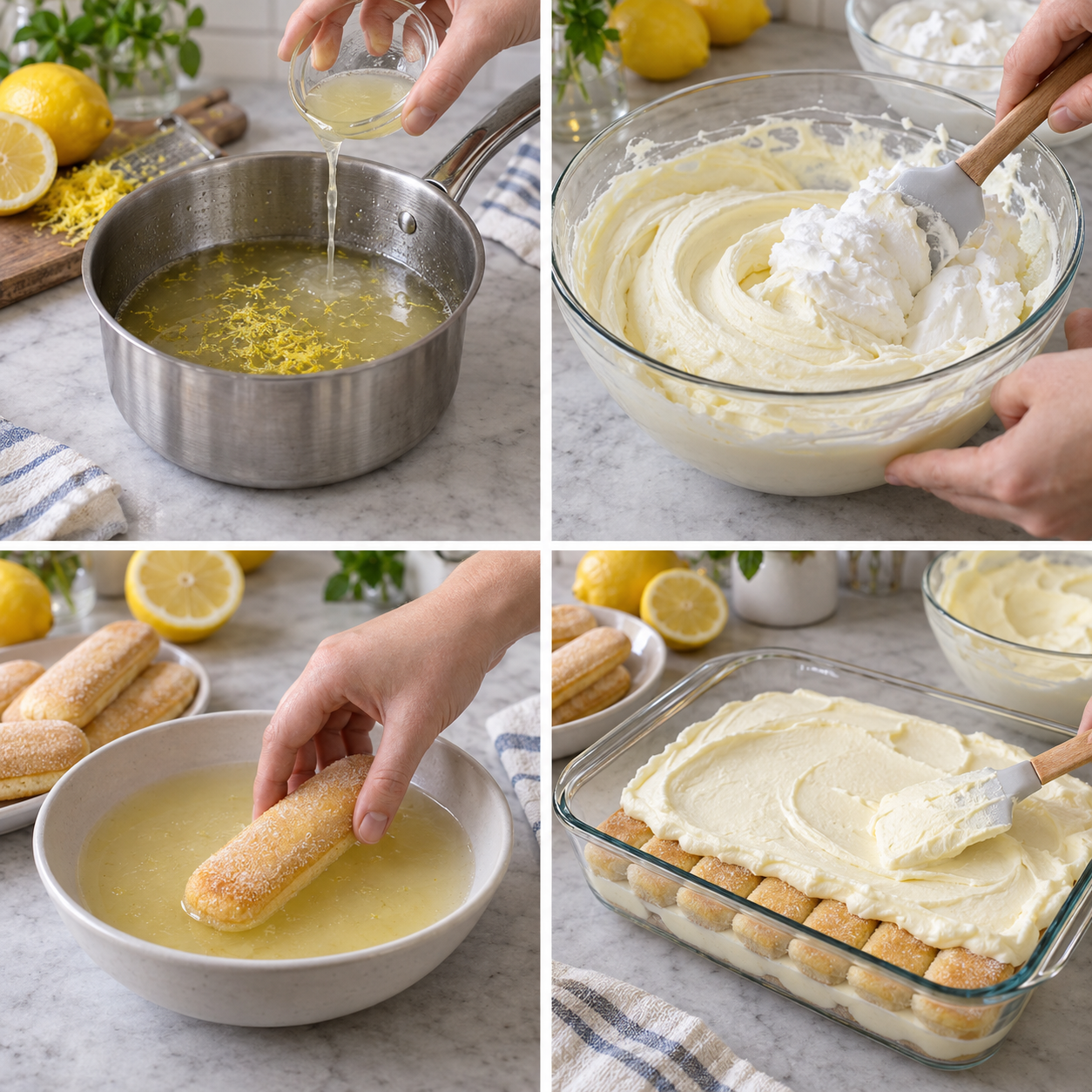 Vier Zubereitungsschritte für Limoncello-Tiramisu