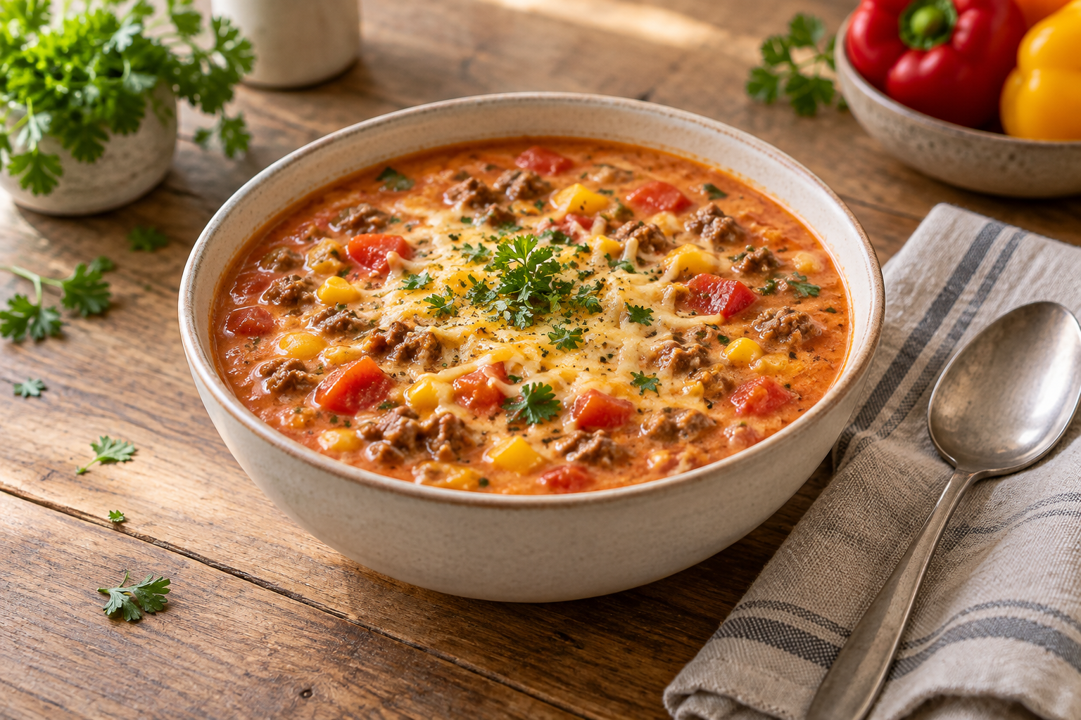 Cremige Pizzasuppe ohne Pilze mit Hackfleisch, Paprika, Mais und Käse
