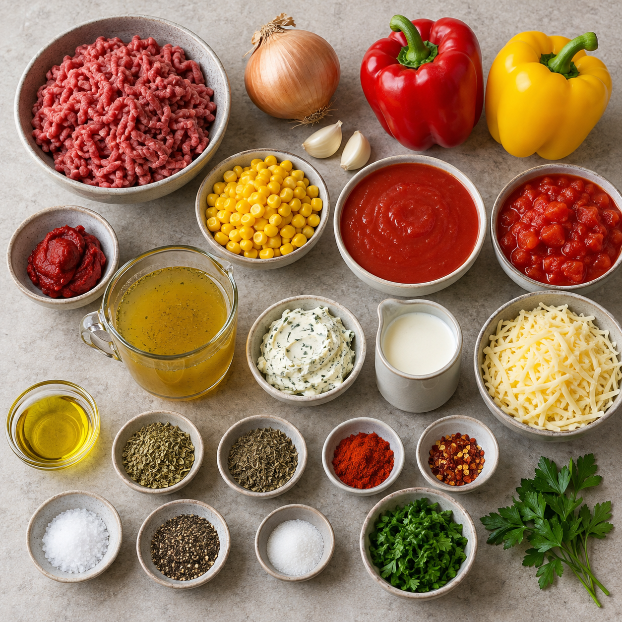 Zutaten für Pizzasuppe ohne Pilze mit Hackfleisch, Paprika, Mais und Tomaten