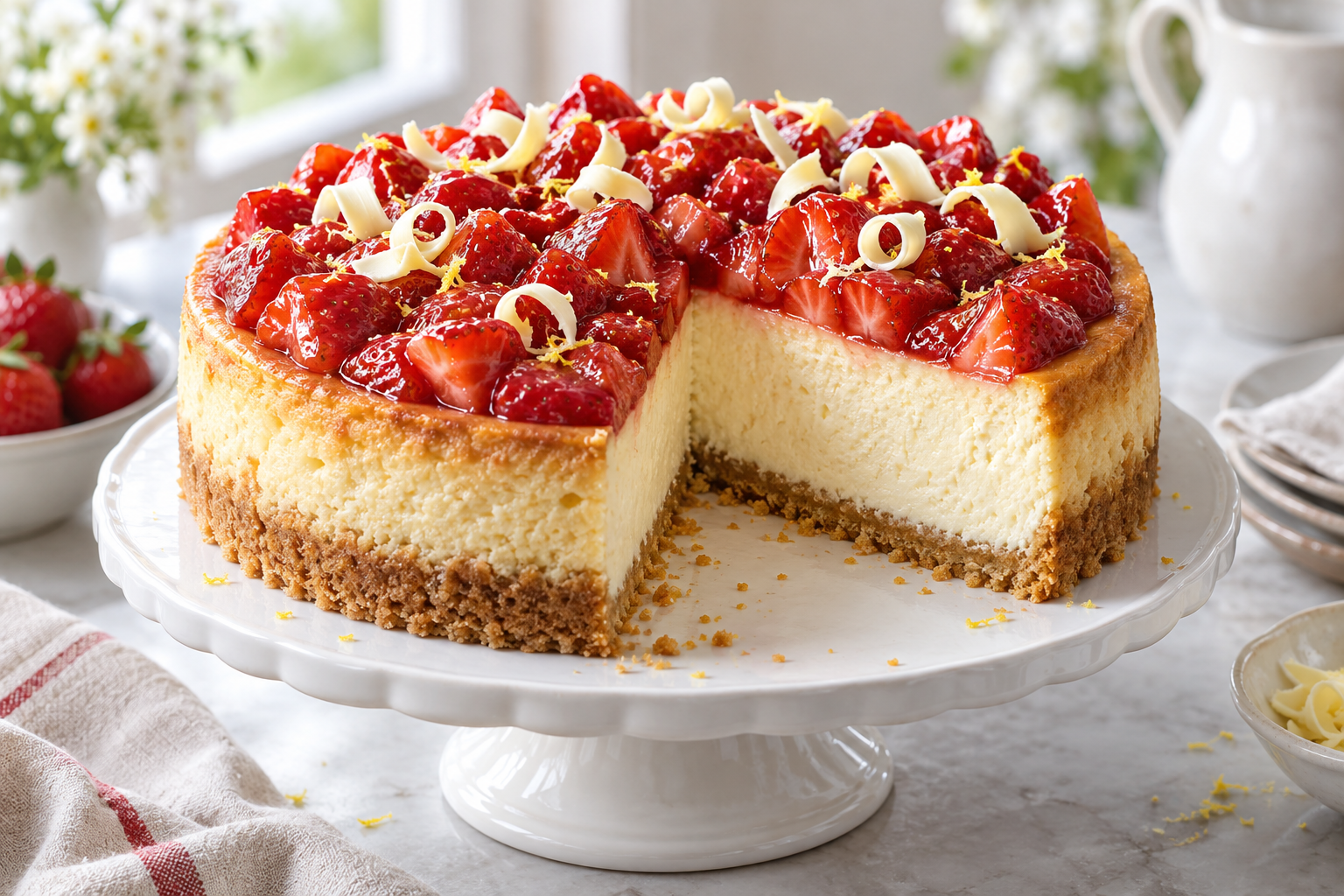 Weißer Schokoladen-Erdbeer-Zitronen-Cheesecake mit Erdbeer-Topping