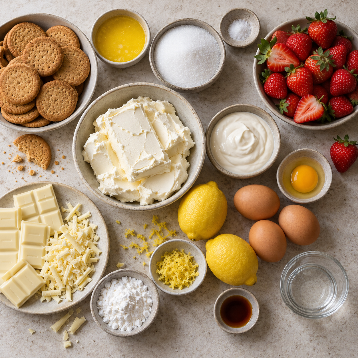 Zutaten für weißen Schokoladen-Erdbeer-Zitronen-Cheesecake
