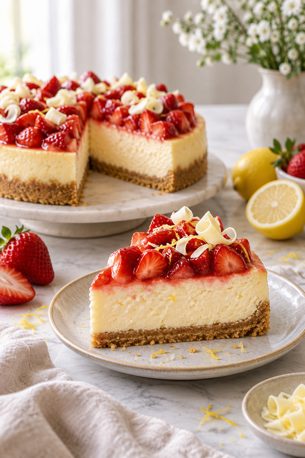Stück weißer Schokoladen-Erdbeer-Zitronen-Cheesecake