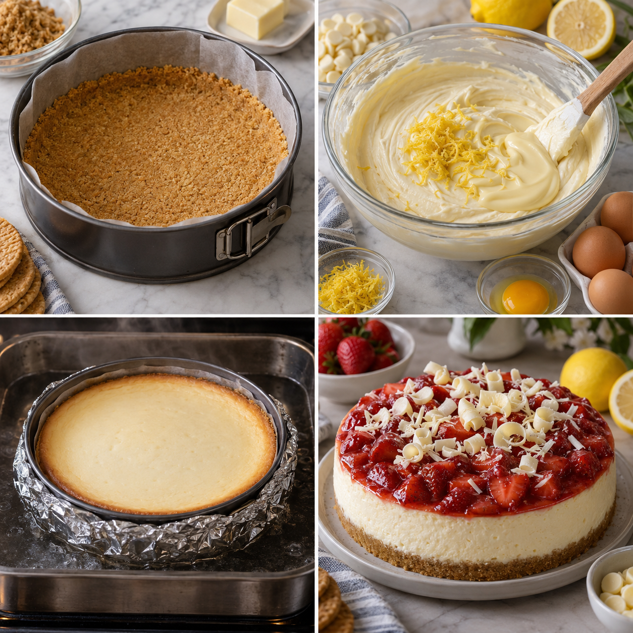 Vier Zubereitungsschritte für weißen Schokoladen-Erdbeer-Zitronen-Cheesecake
