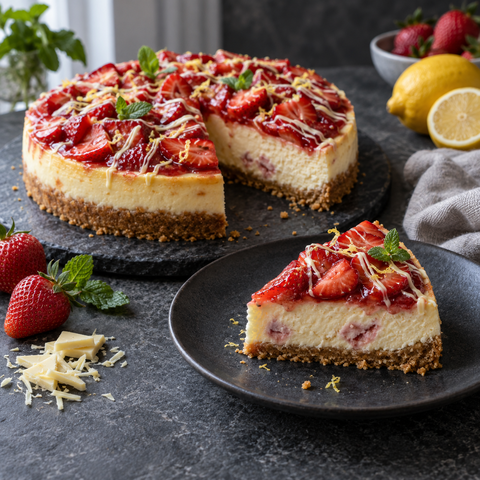 Weißer Schokoladen-Erdbeer-Zitronen-Cheesecake mit Erdbeer-Topping