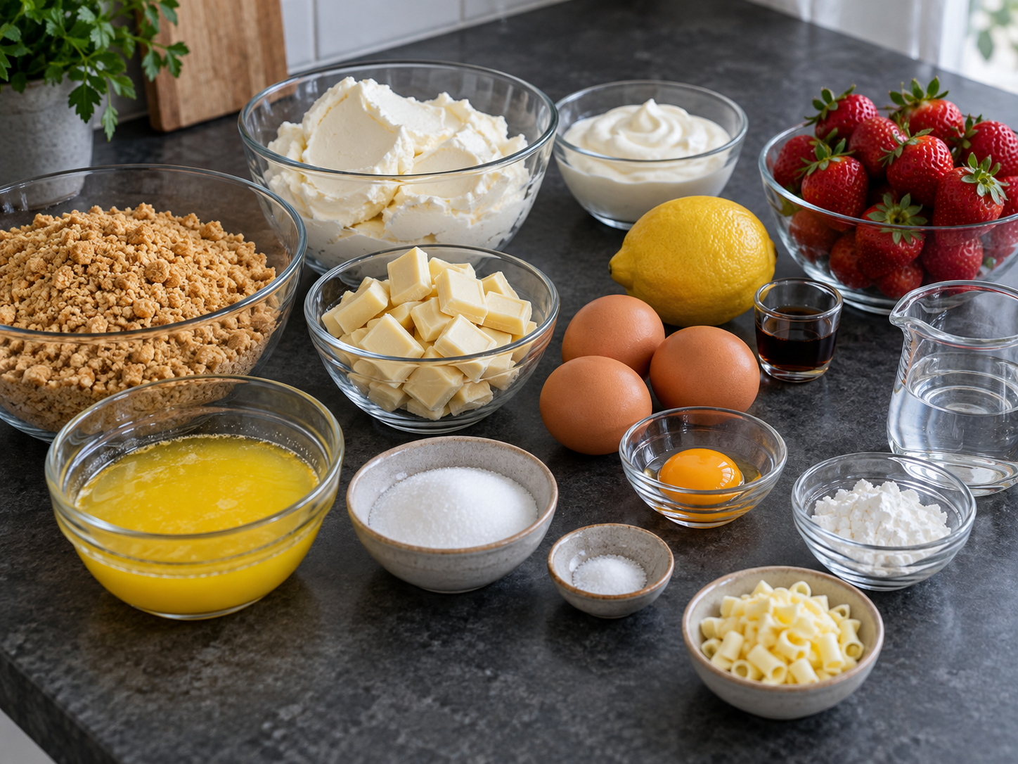 Zutaten für weißen Schokoladen-Erdbeer-Zitronen-Cheesecake