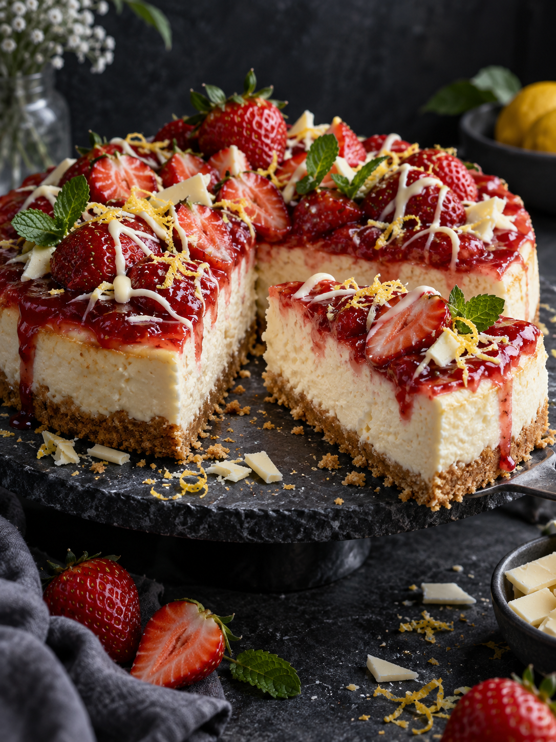 Angeschnittener weißer Schokoladen-Erdbeer-Zitronen-Cheesecake