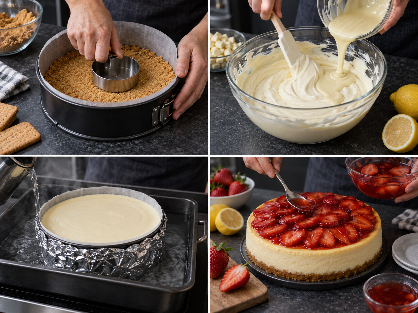 Zubereitung von weißem Schokoladen-Erdbeer-Zitronen-Cheesecake in vier Schritten
