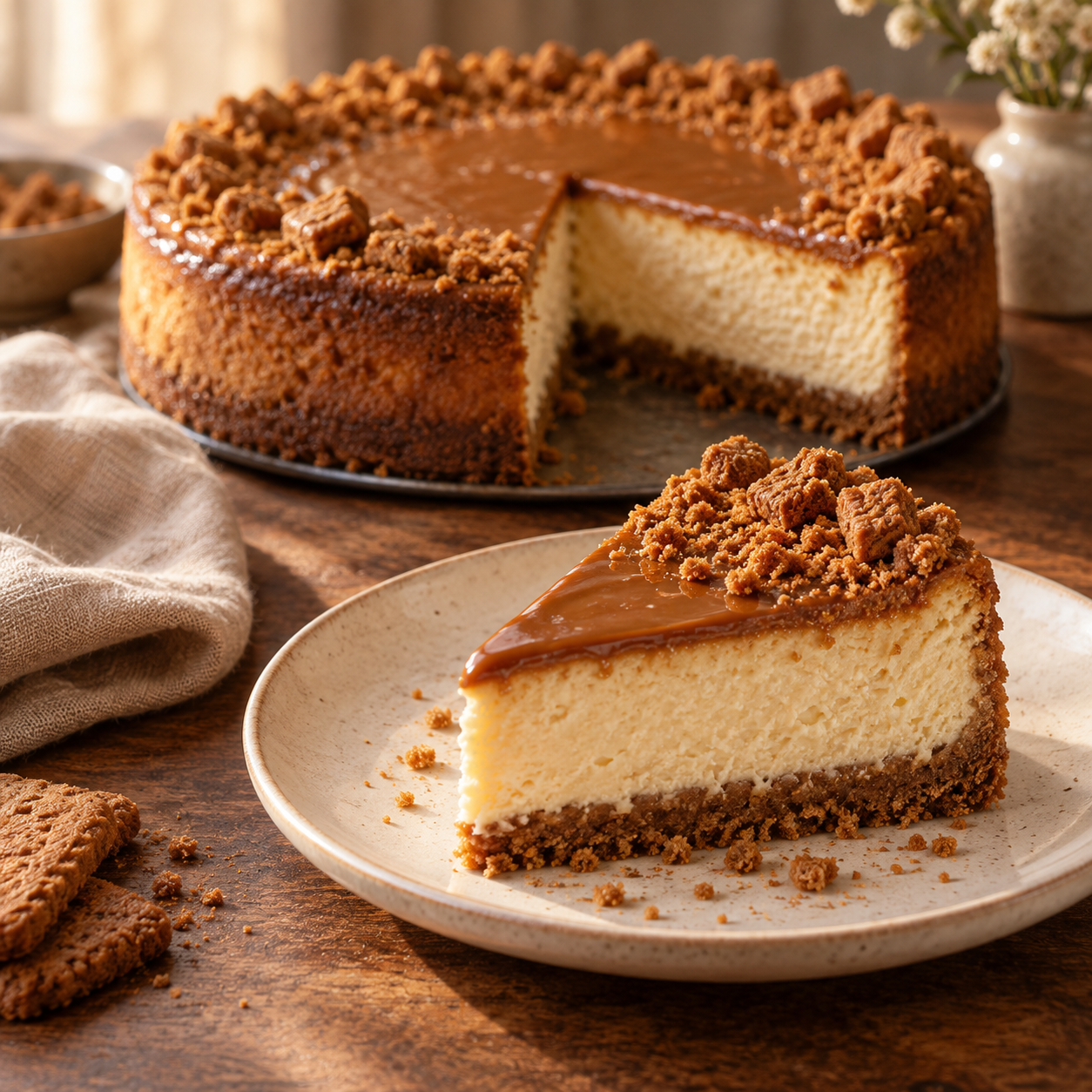 Biscoff Cheesecake mit glänzendem Karamell-Topping und Keksboden