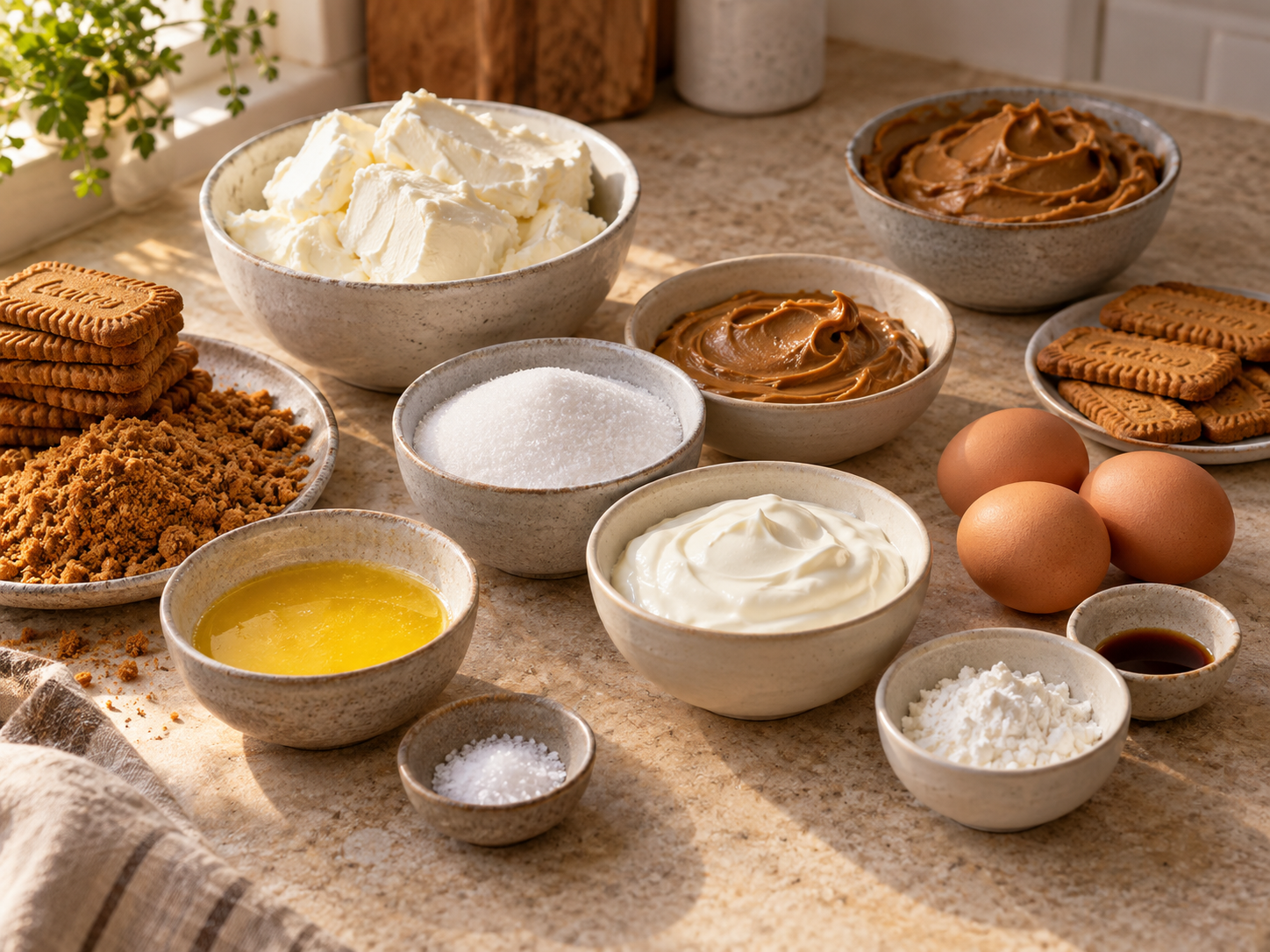 Zutaten für Biscoff Cheesecake mit Keksen, Frischkäse und Aufstrich