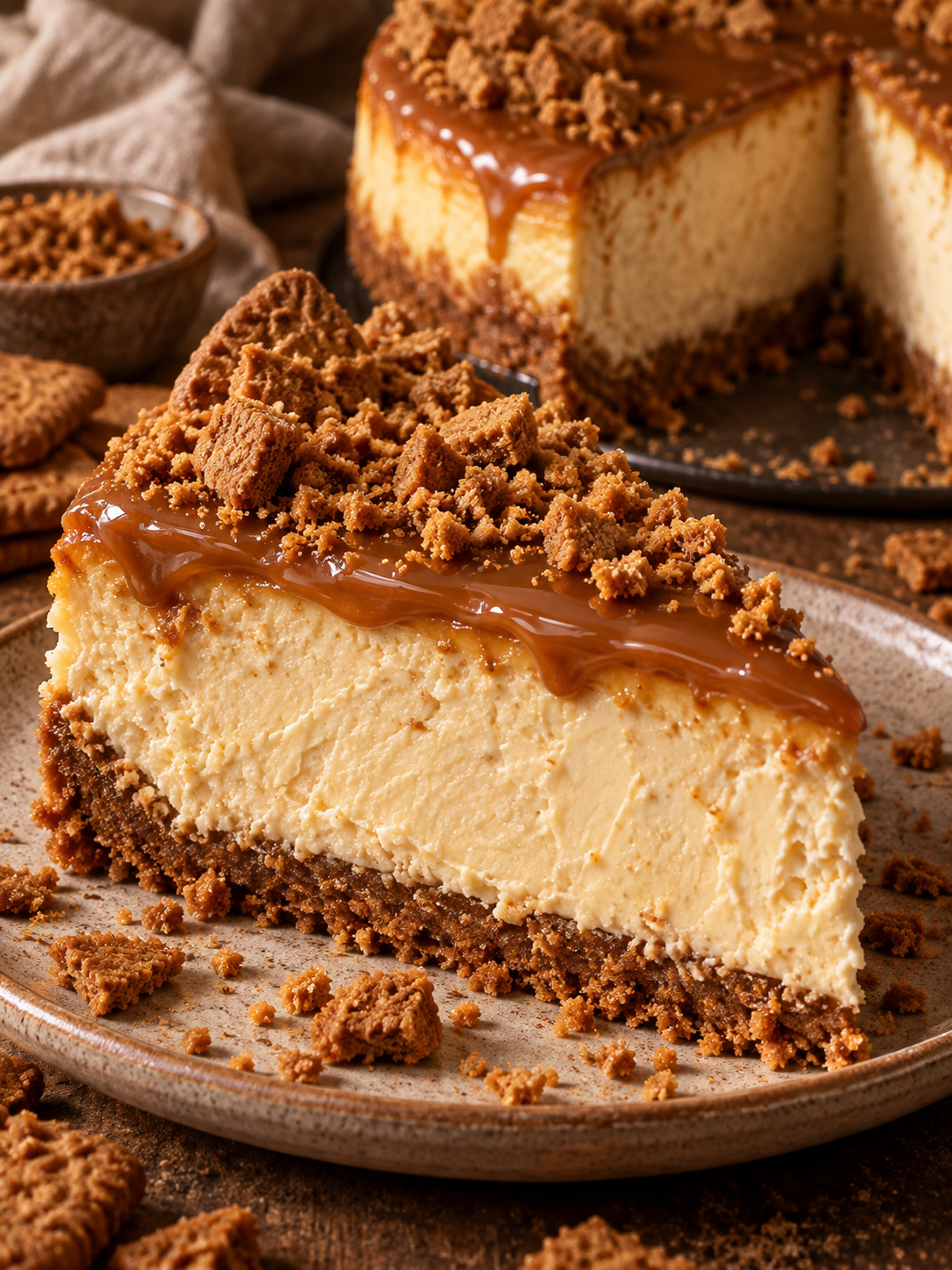Cremiges Stück Biscoff Cheesecake mit Karamell-Topping und Keksbröseln