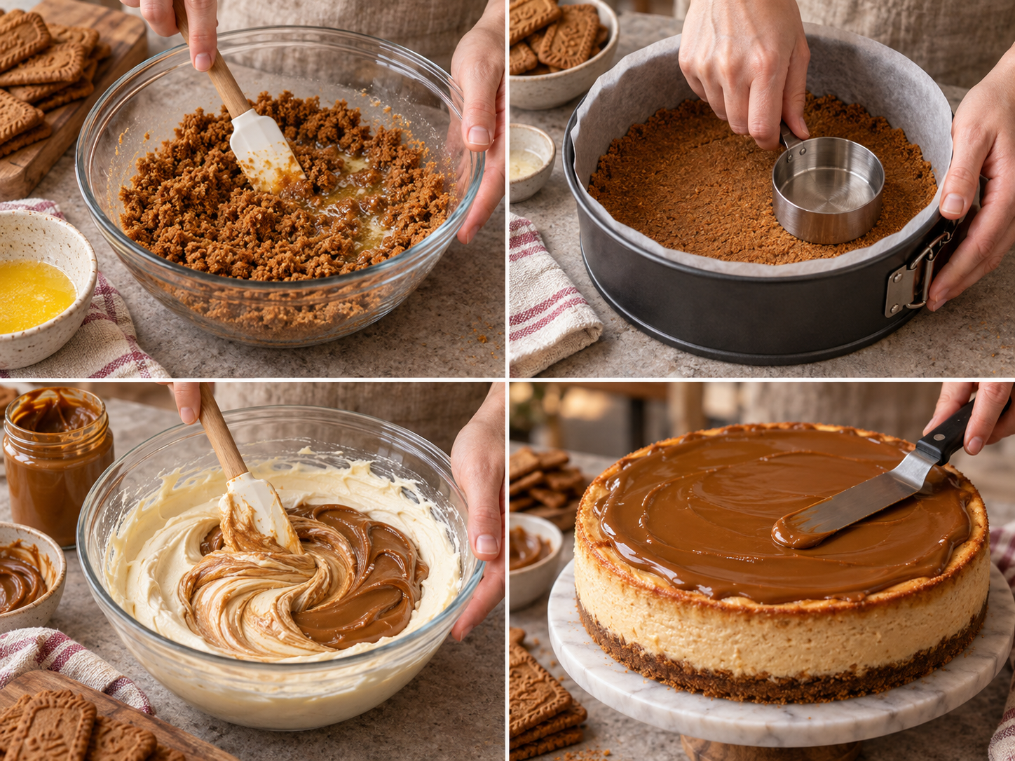Vier Schritte für Biscoff Cheesecake vom Keksboden bis zum Topping