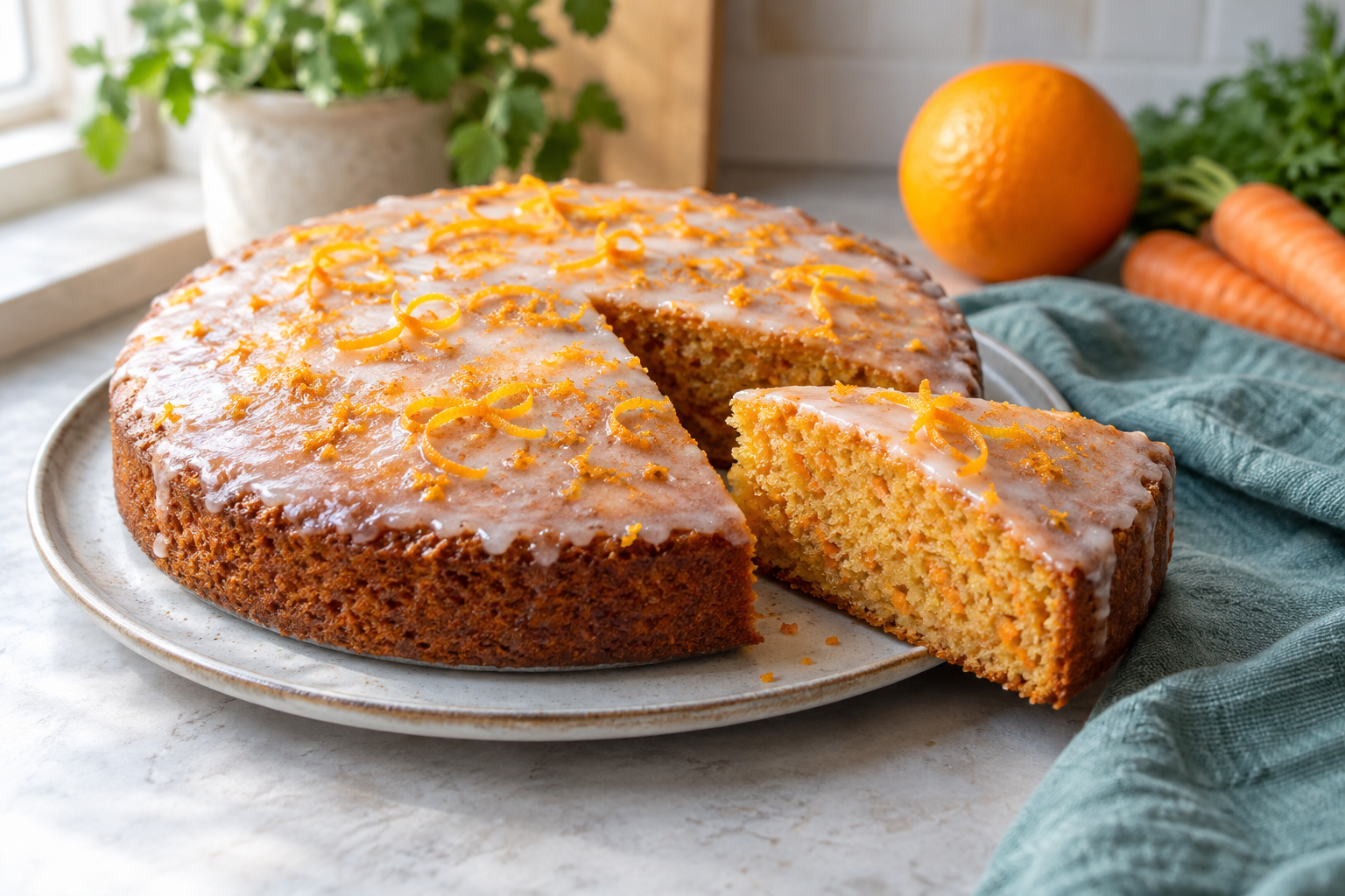 Saftiger Karotten-Orangen-Kuchen mit feiner Orangenglasur und frischem Orangenabrieb