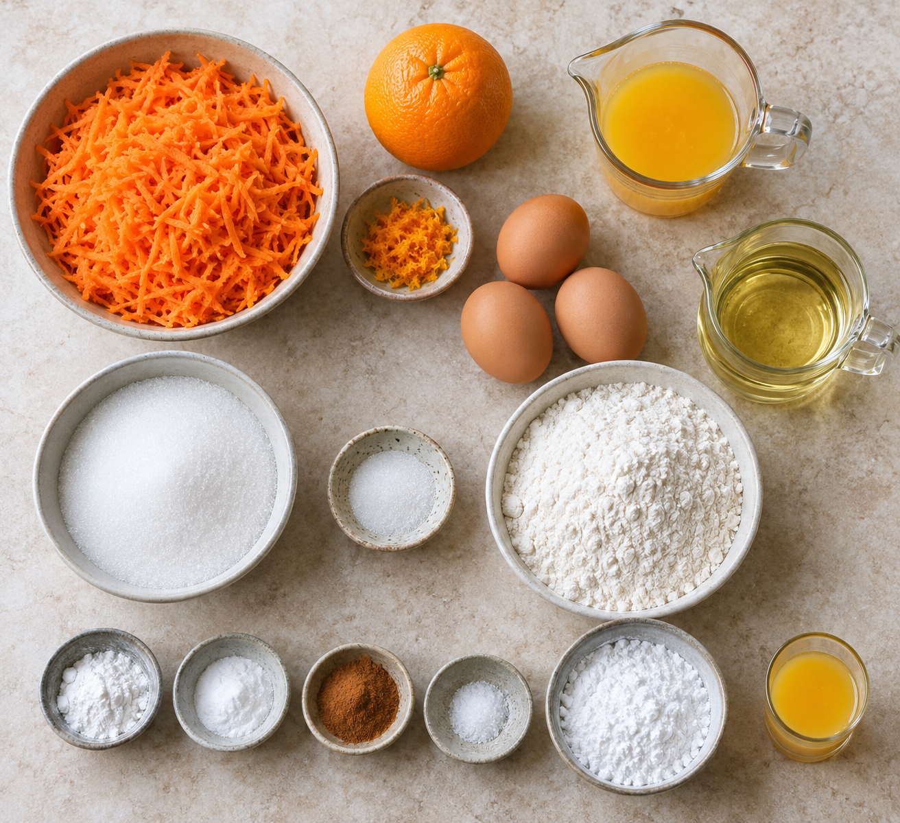 Zutaten für Karotten-Orangen-Kuchen mit Karotten, Orange, Eiern, Mehl, Zucker, Öl und Gewürzen