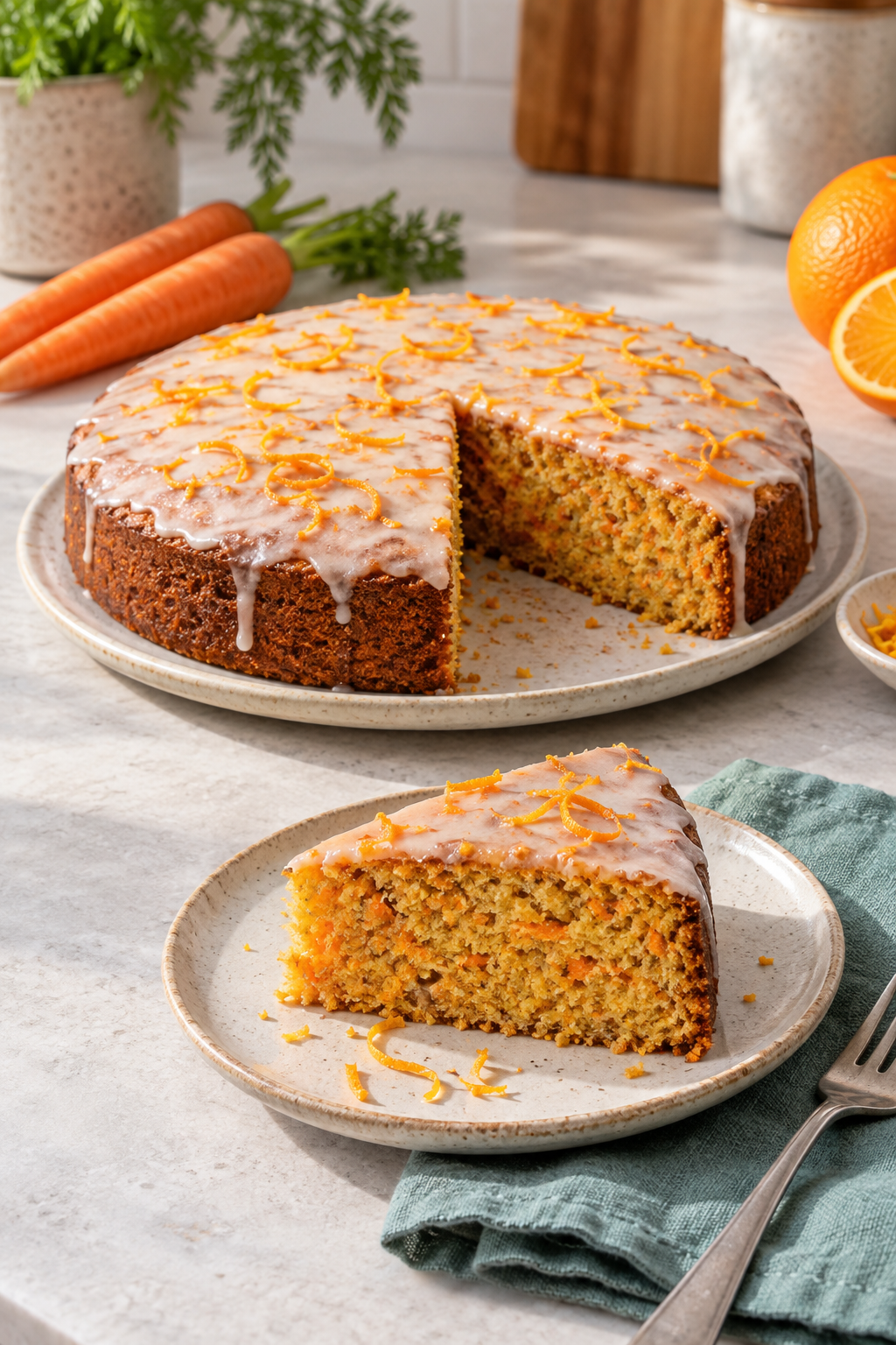 Karotten-Orangen-Kuchen mit Orangenglasur im Hochformat