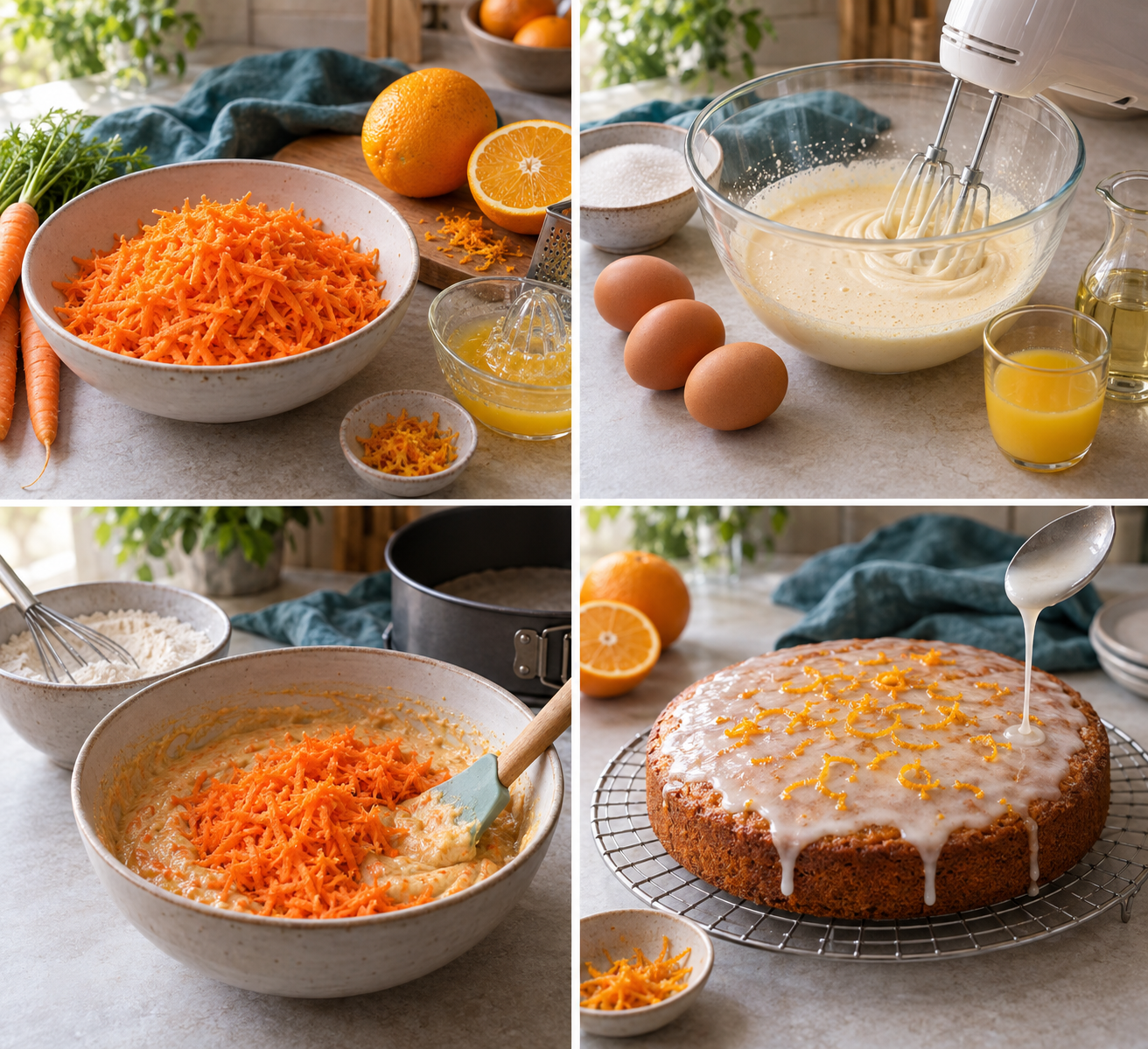 Vier Schritte für Karotten-Orangen-Kuchen: Karotten raspeln, Eier aufschlagen, Teig rühren und Kuchen glasieren