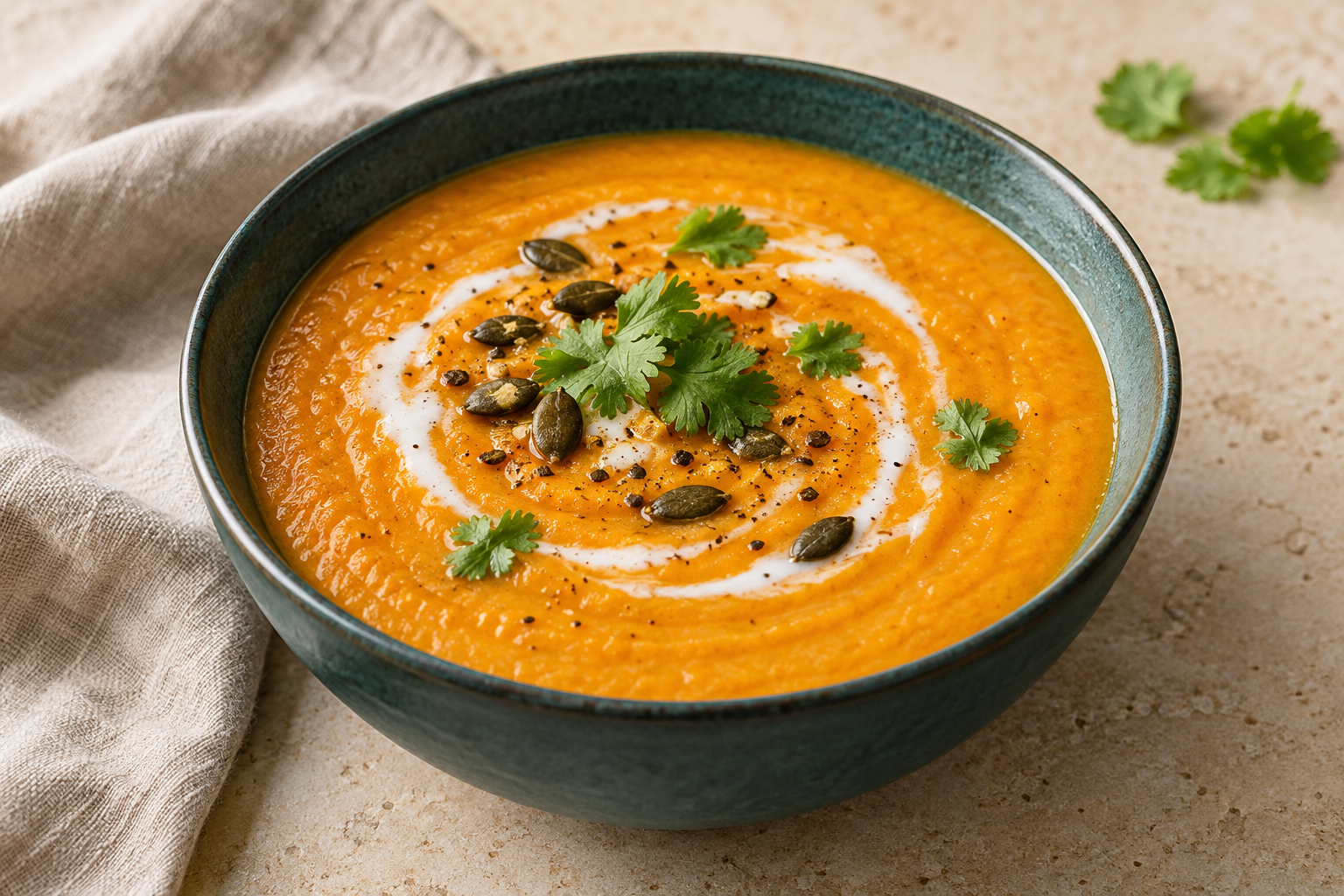 Cremige Karotten-Linsen-Suppe mit Kokosmilch, Koriander und Kürbiskernen