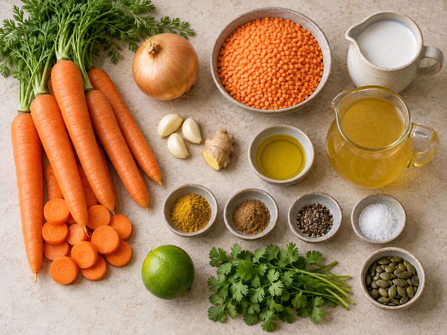 Zutaten für vegane Karotten-Linsen-Suppe mit Kokosmilch, roten Linsen, Gemüse und Gewürzen