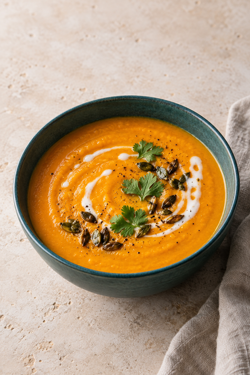 Vegane Karotten-Linsen-Suppe mit Kokosmilch im Hochformat