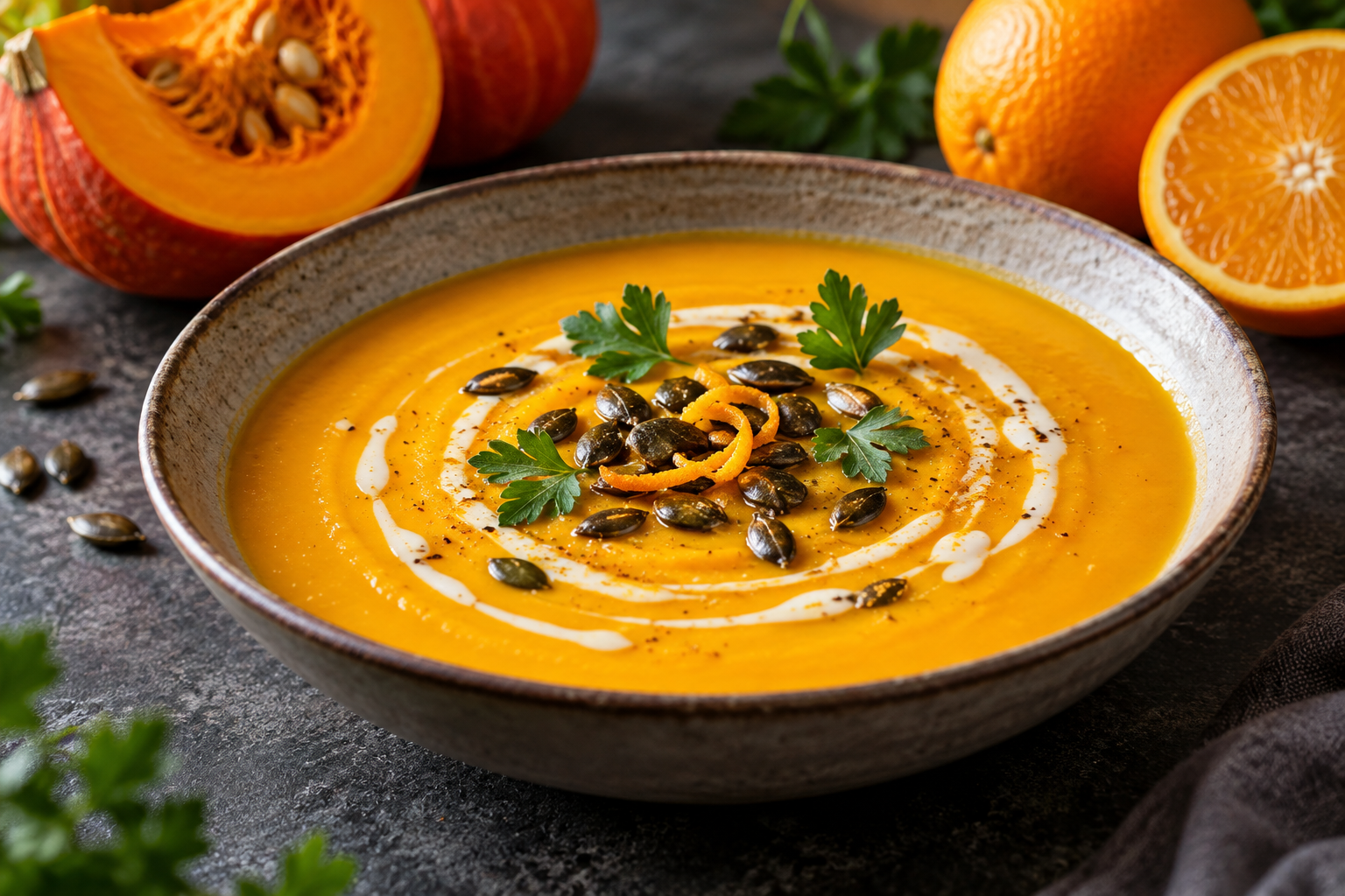 Samtige Kürbissuppe mit Orangensaft, Kurkuma, Kokosmilch und gerösteten Kürbiskernen