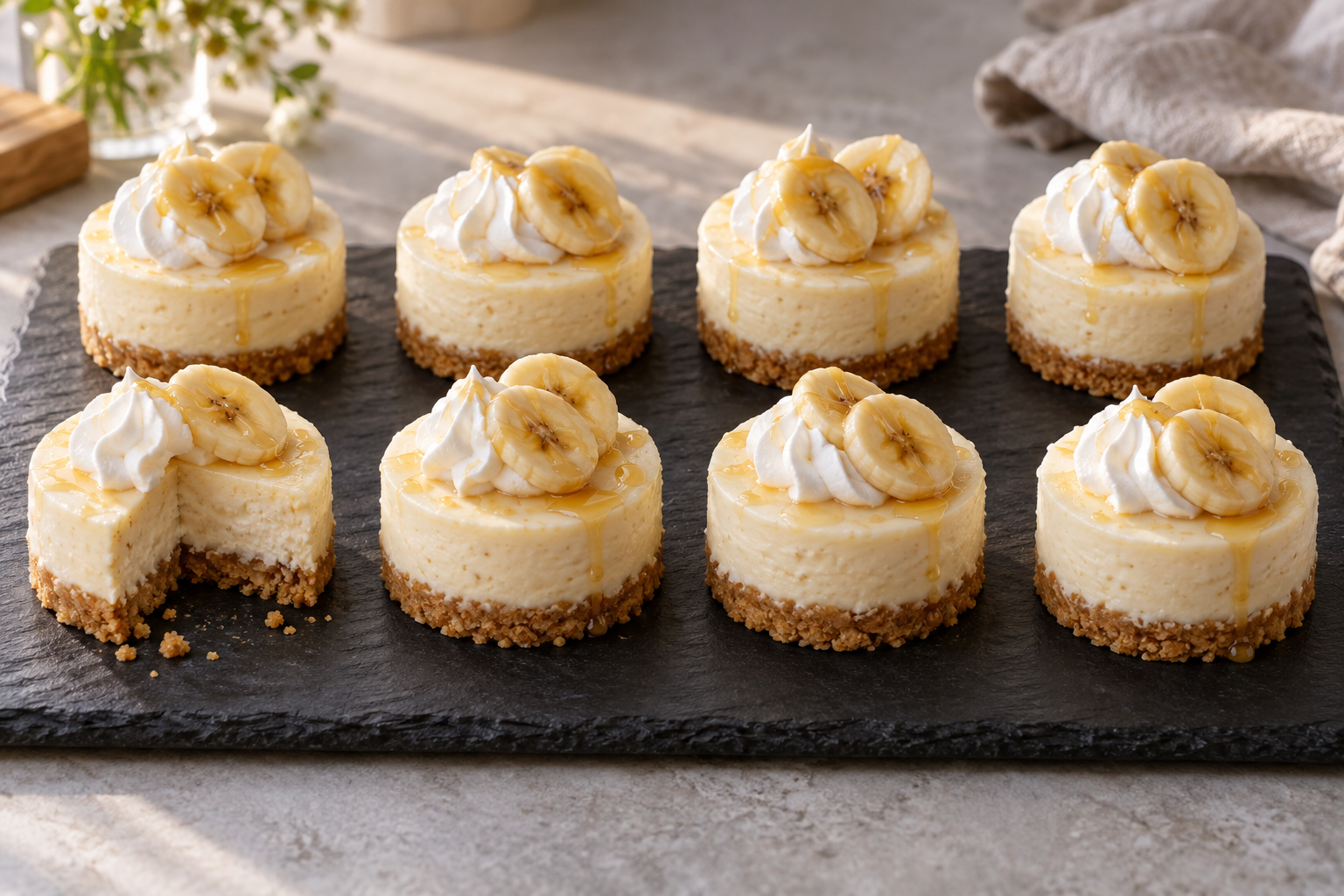 Acht Mini-Bananen-Sahne-Kuchen ohne Backen mit Keksboden und Honig