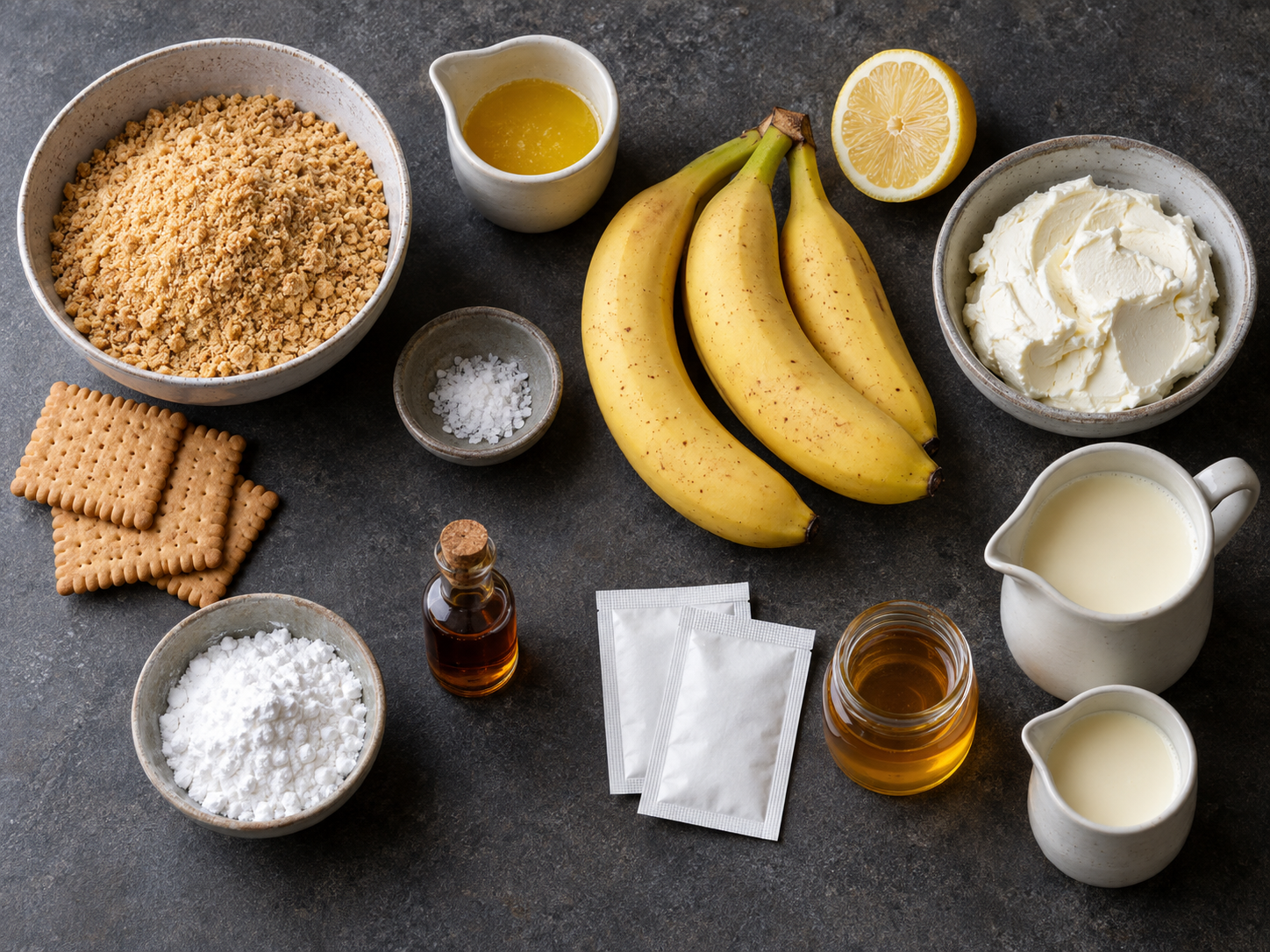Zutaten für Mini-Bananen-Sahne-Kuchen mit Butterkeksen, Bananen und Frischkäse