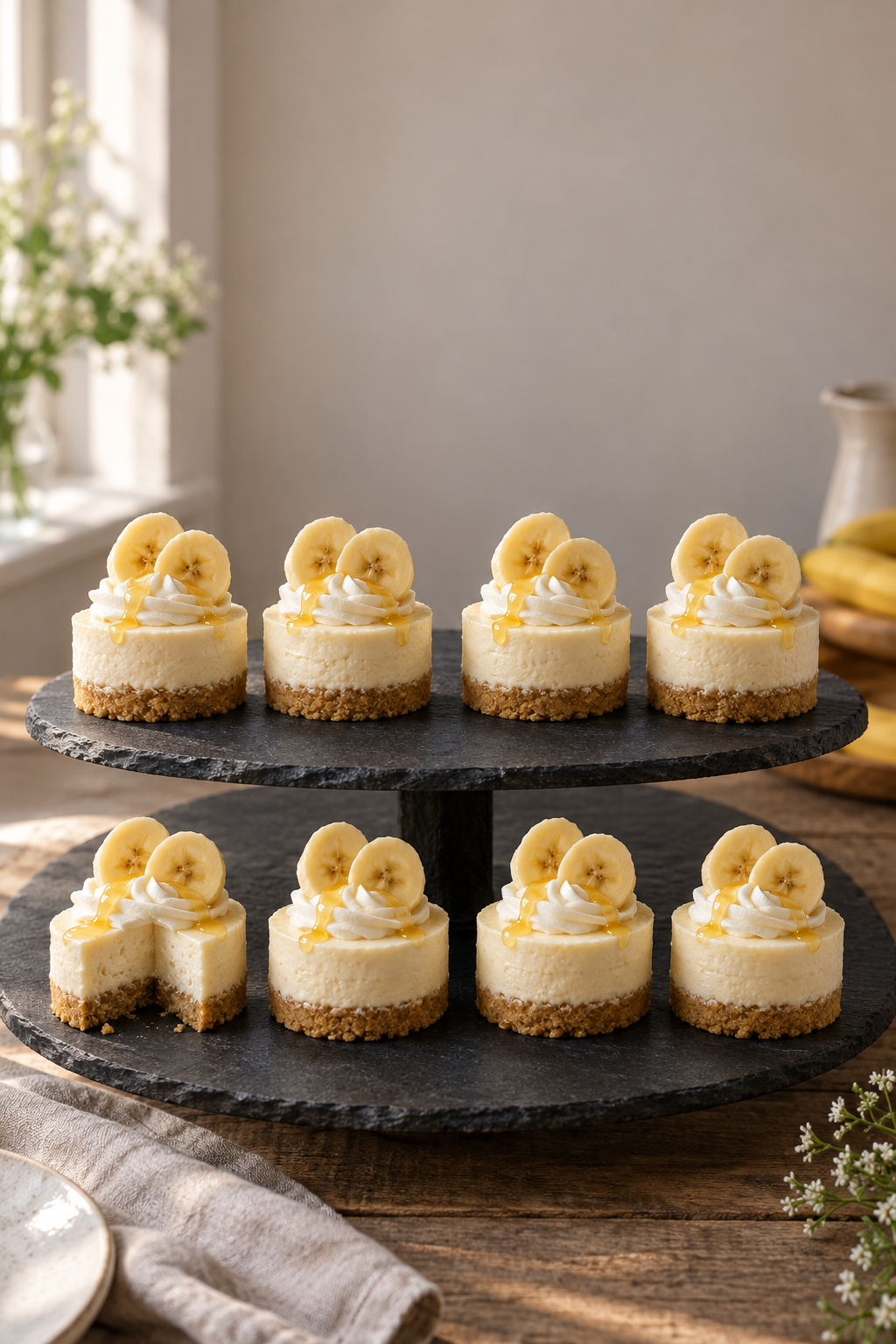Acht Mini-Bananen-Sahne-Kuchen ohne Backen auf einer Etagere