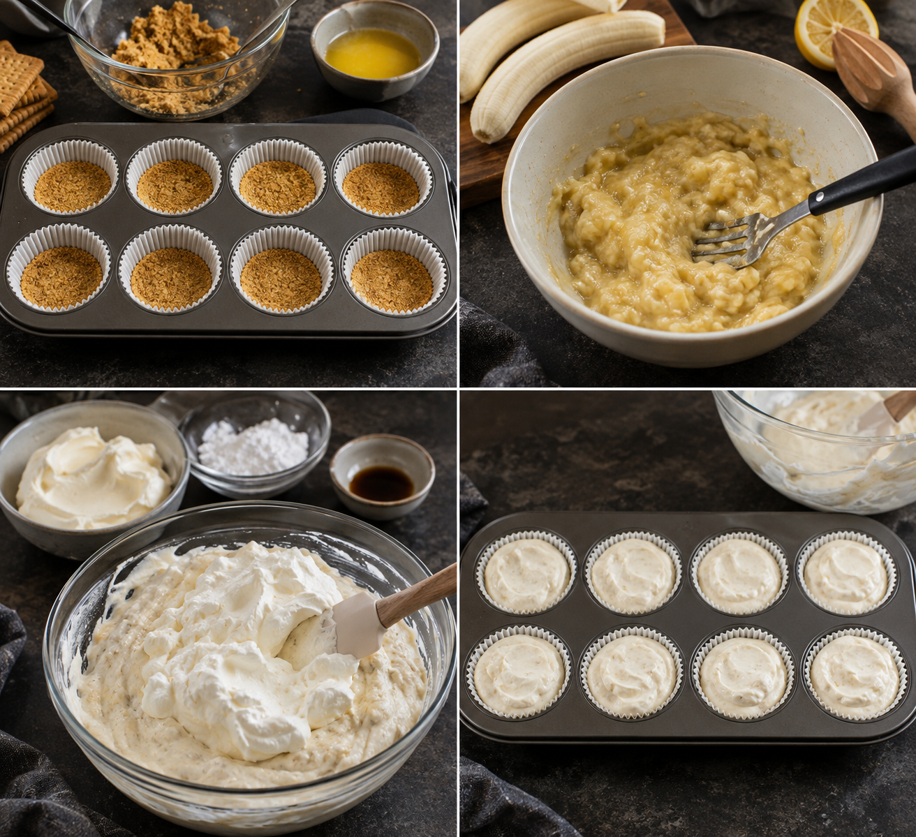 Zubereitung der Mini-Bananen-Sahne-Kuchen: Keksboden, Bananenmus, Creme und Füllen