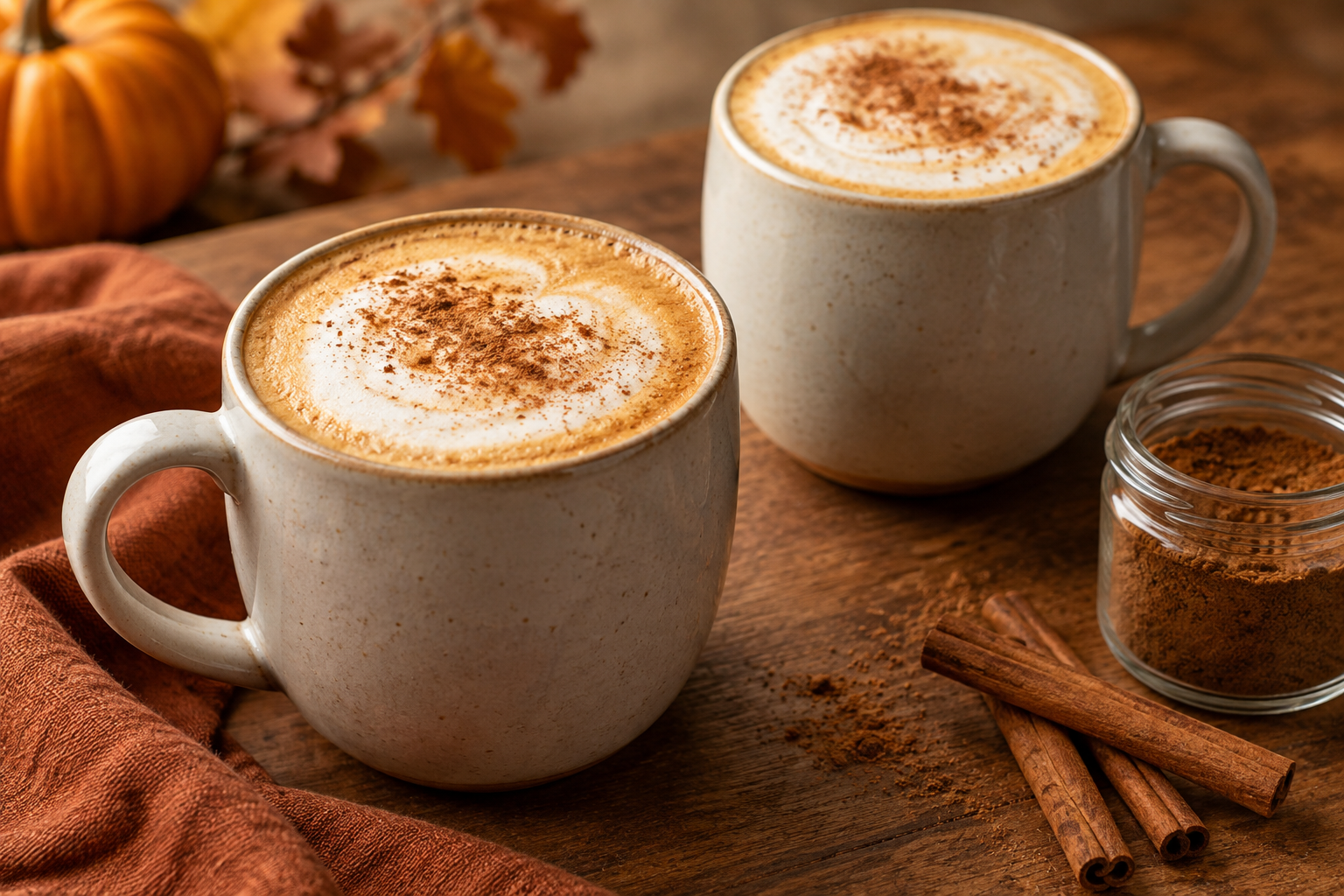 Zwei cremige Pumpkin Spice Latte mit selbstgemachter Kürbis-Gewürz-Mischung